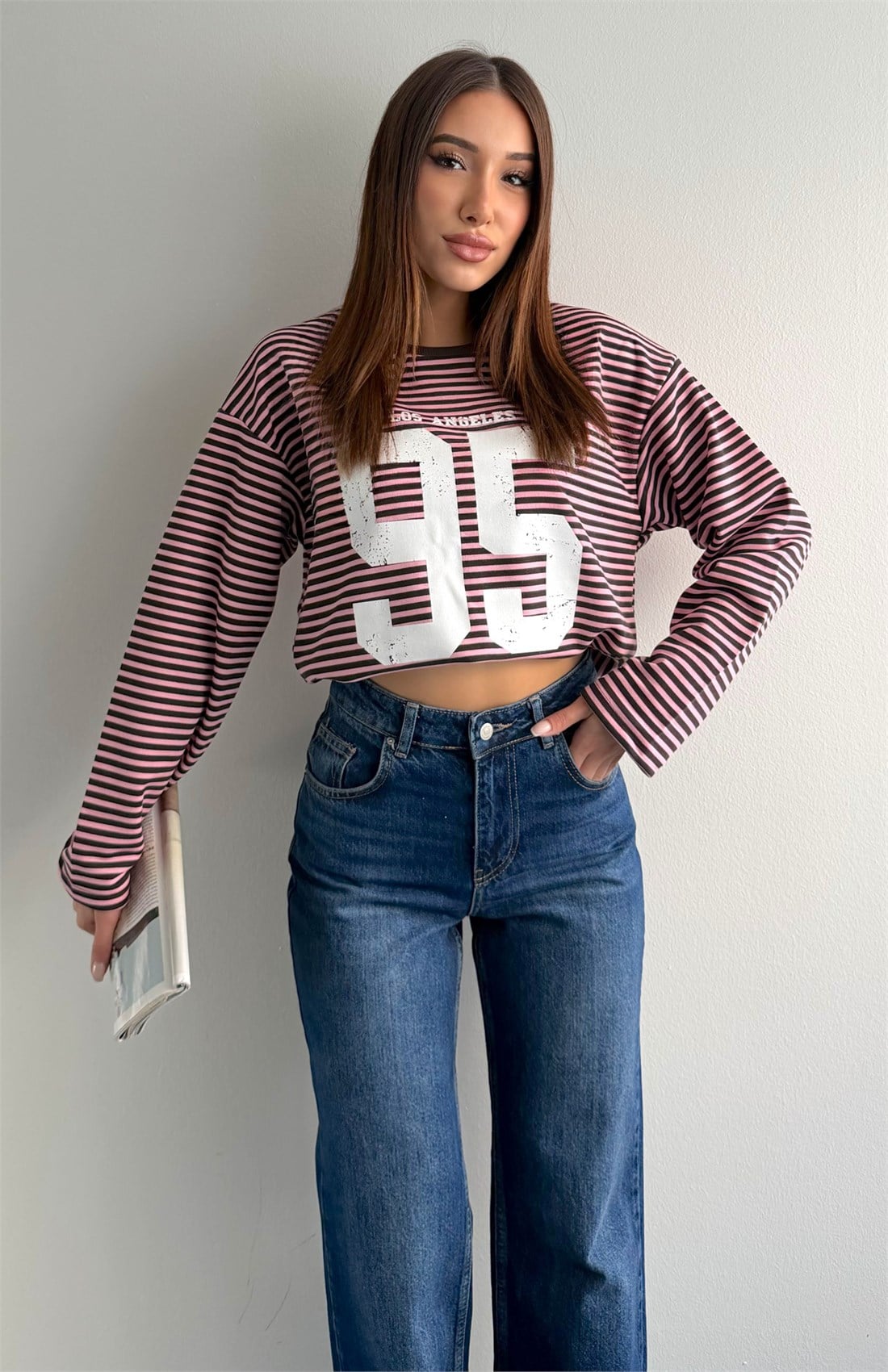 Rakamlı Çizgili Sweatshırt PEMBE