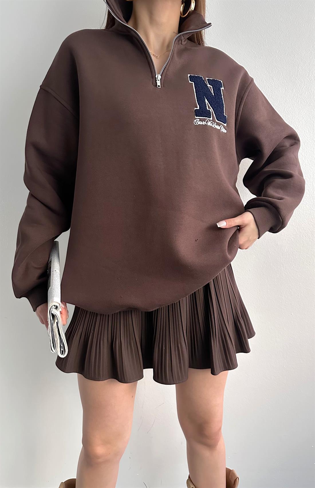 S Süzüneli Yarım Fermuarlı Sweat KAHVERENGİ