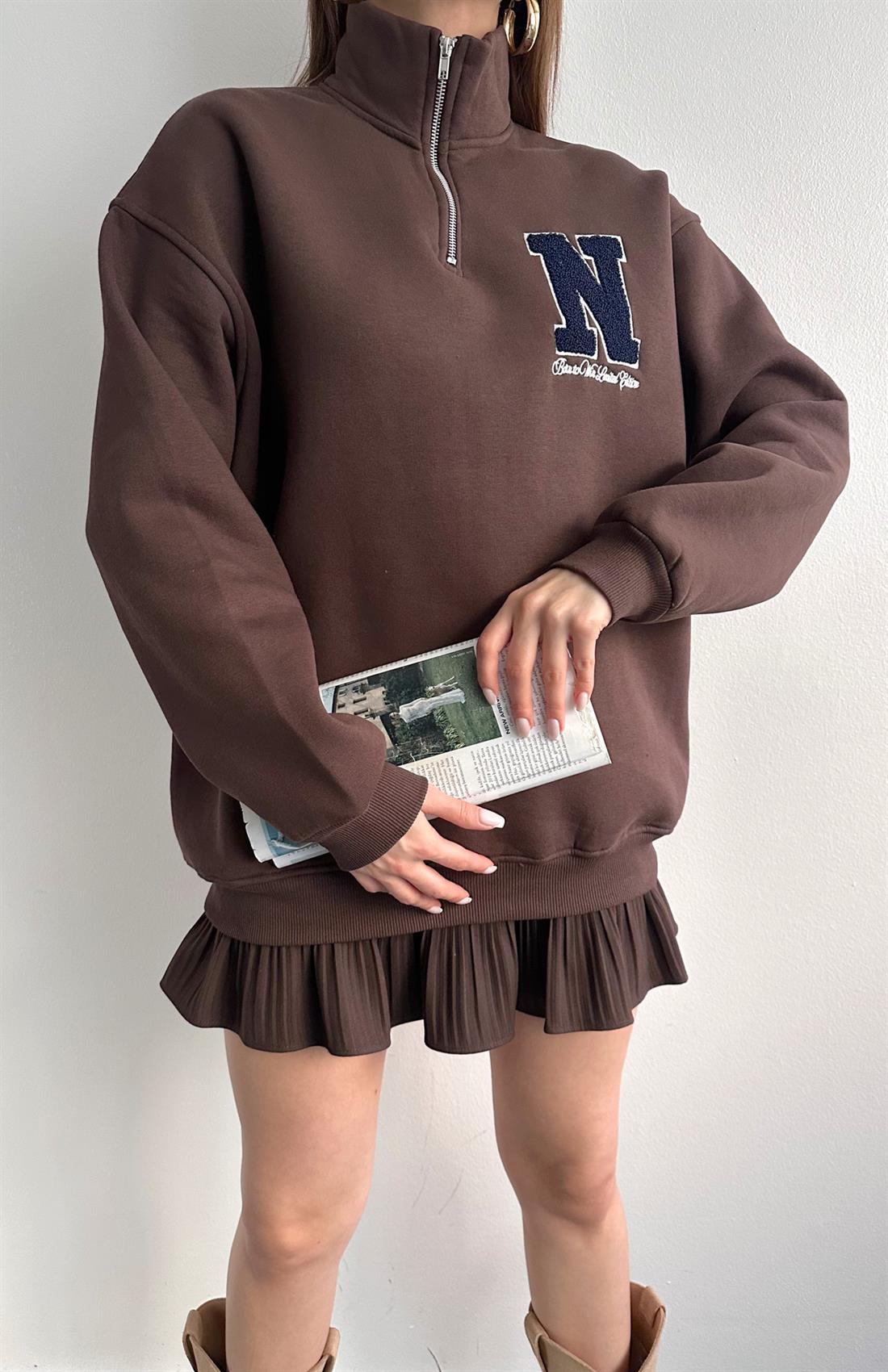 S Süzüneli Yarım Fermuarlı Sweat KAHVERENGİ