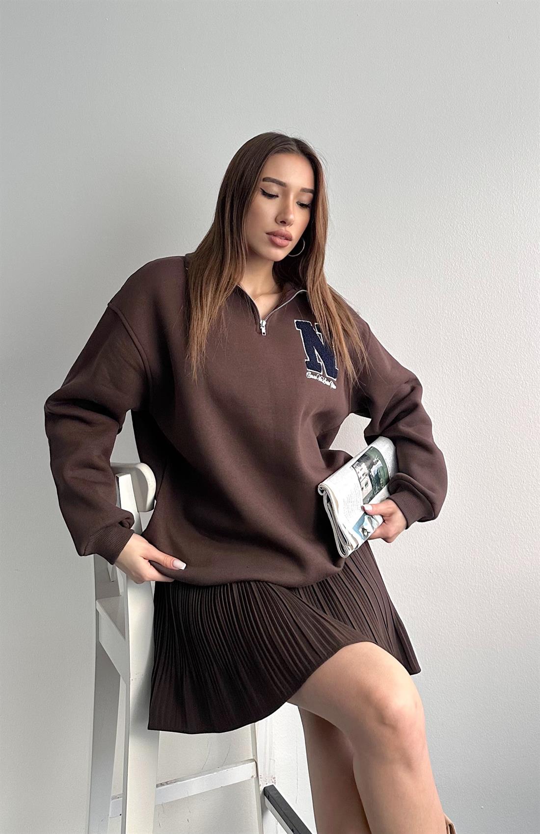 S Süzüneli Yarım Fermuarlı Sweat KAHVERENGİ
