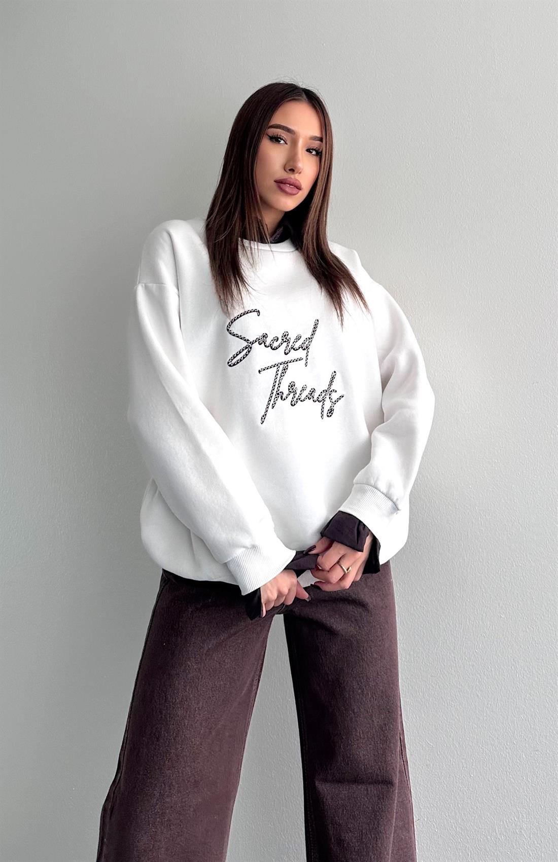Sacred Nakişlı Gömlek Detaylı Sweatshırt EKRU