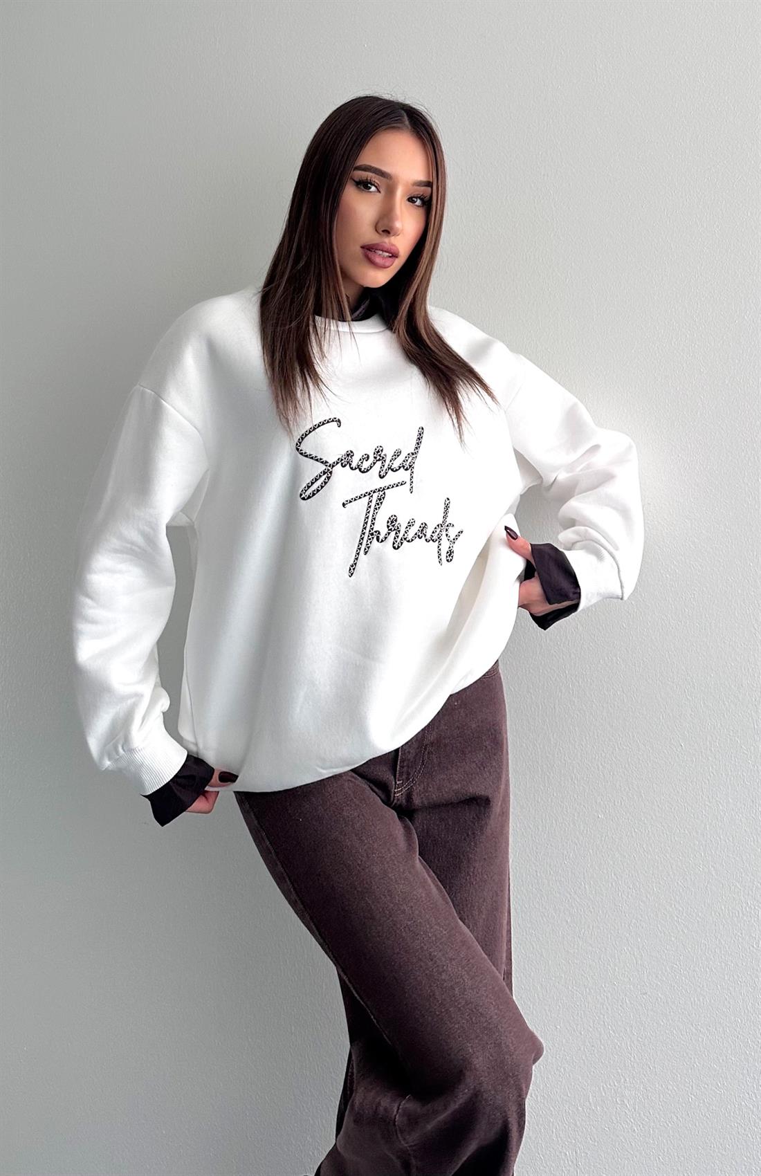 Sacred Nakişlı Gömlek Detaylı Sweatshırt EKRU