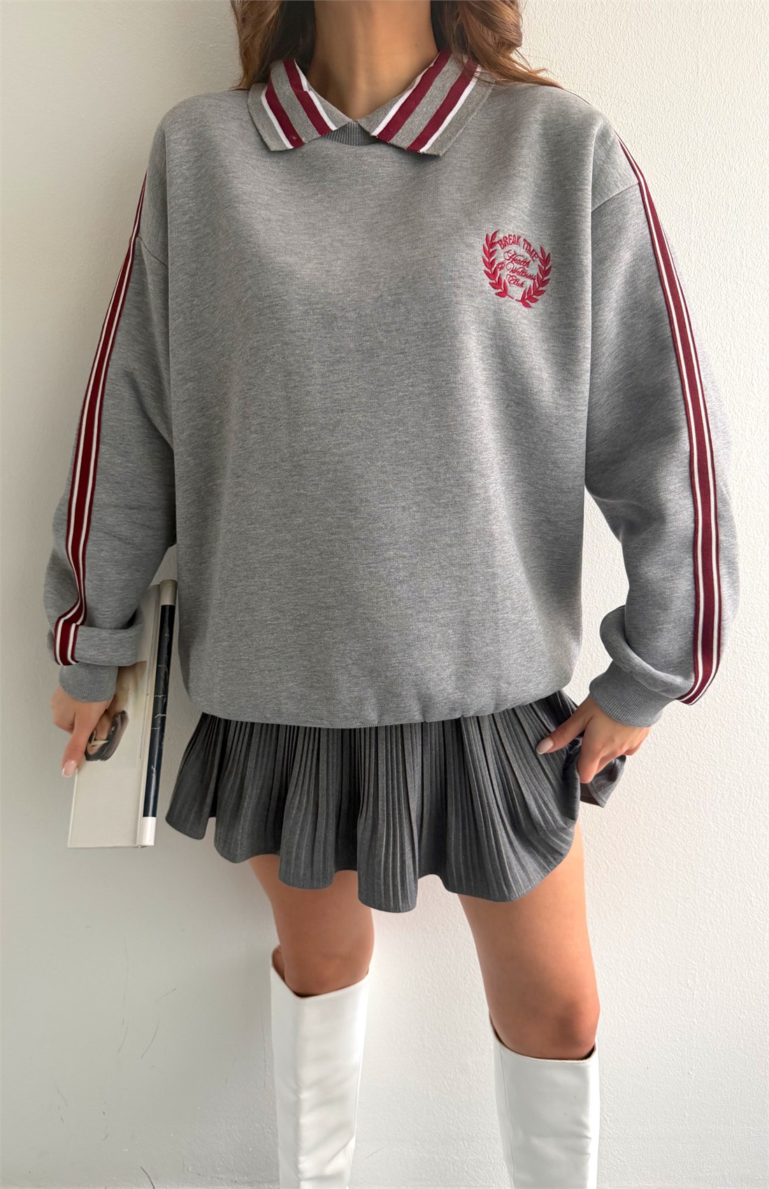 Şerit Detaylı Sweatshırt GRİ