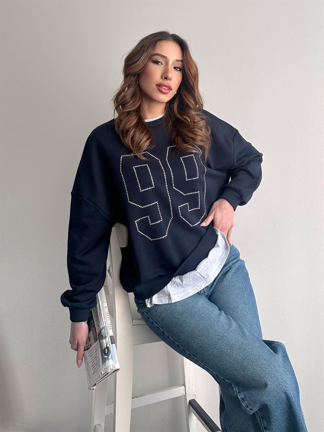 Taş Detaylı Sweatshırt LACİVERT