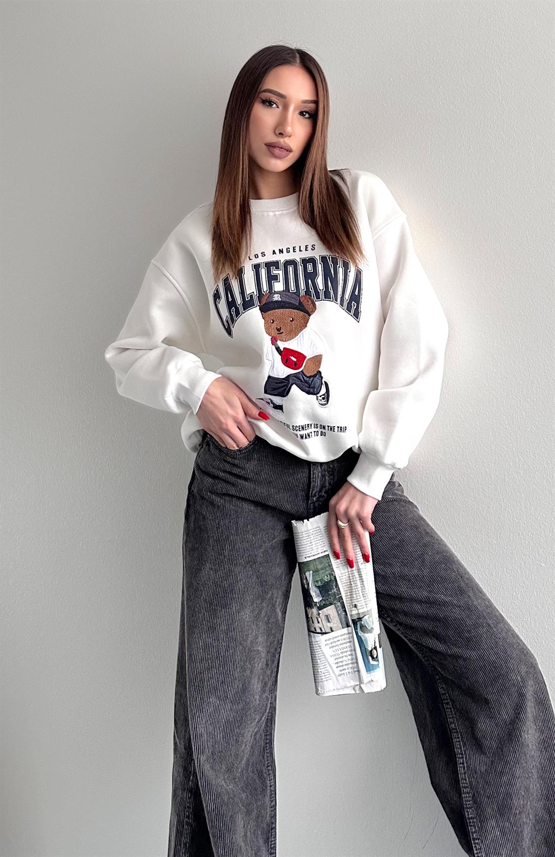 Teddy Nakiş 3 İplik Sweatshırt EKRU