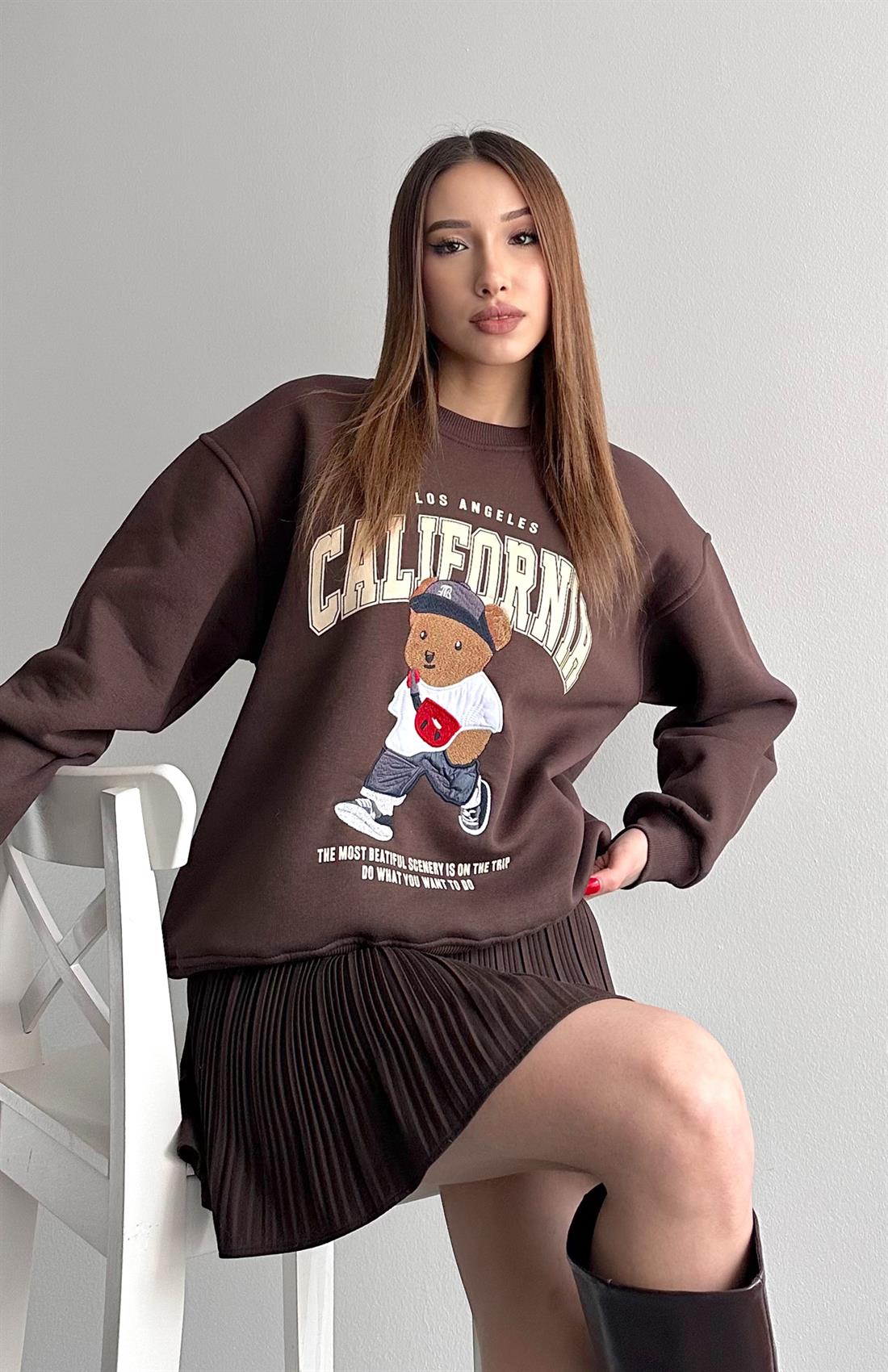 Teddy Nakiş 3 İplik Sweatshırt KAHVERENGİ