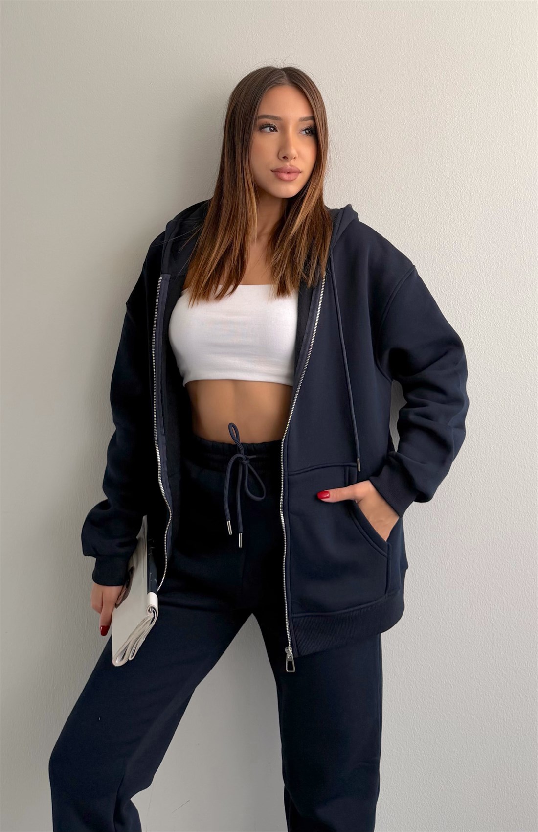 Üç İplik Fermuarlı Sweatshırt LACİVERT
