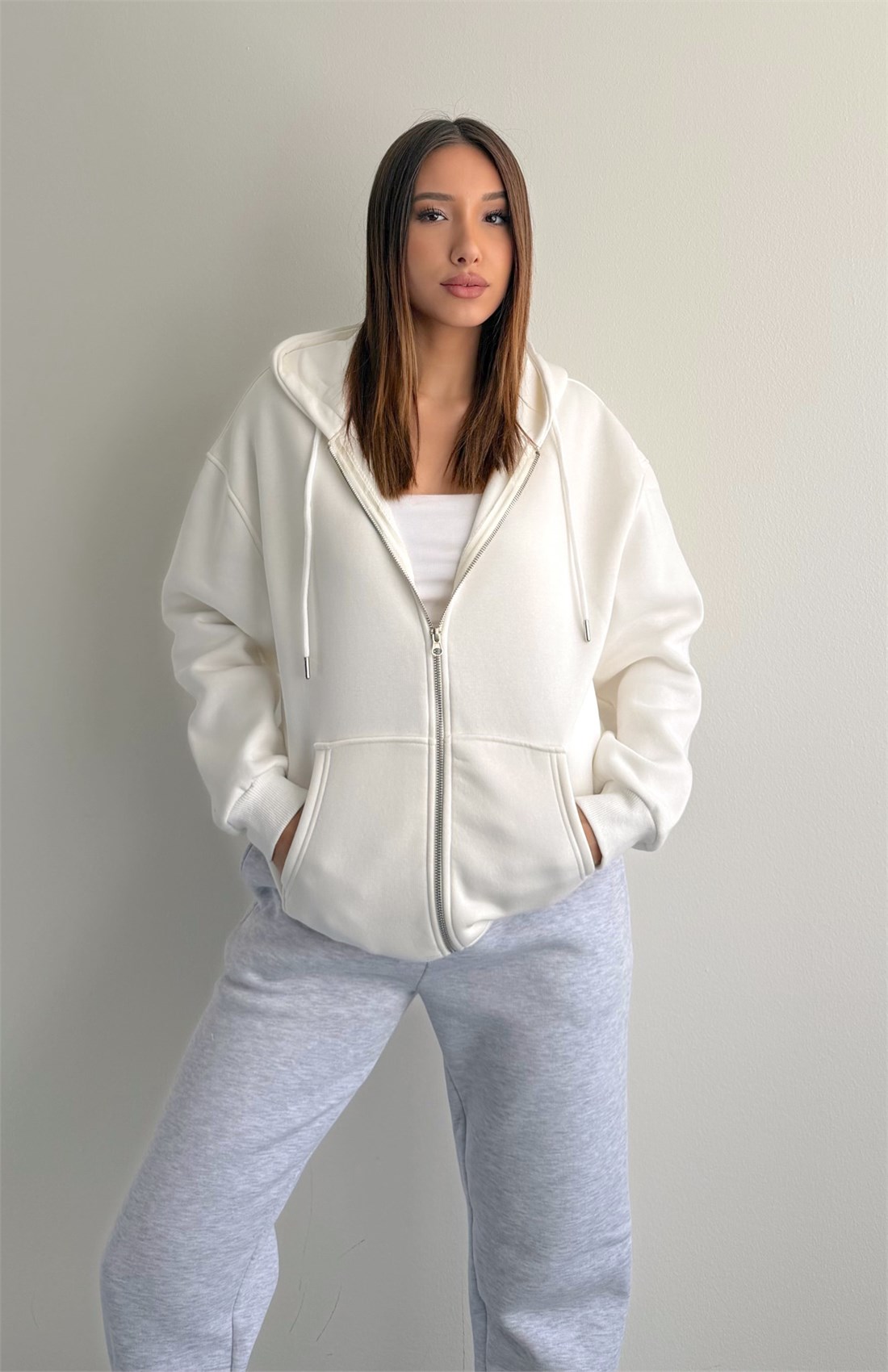 Üç İplik Fermuarlı Sweatshırt EKRU