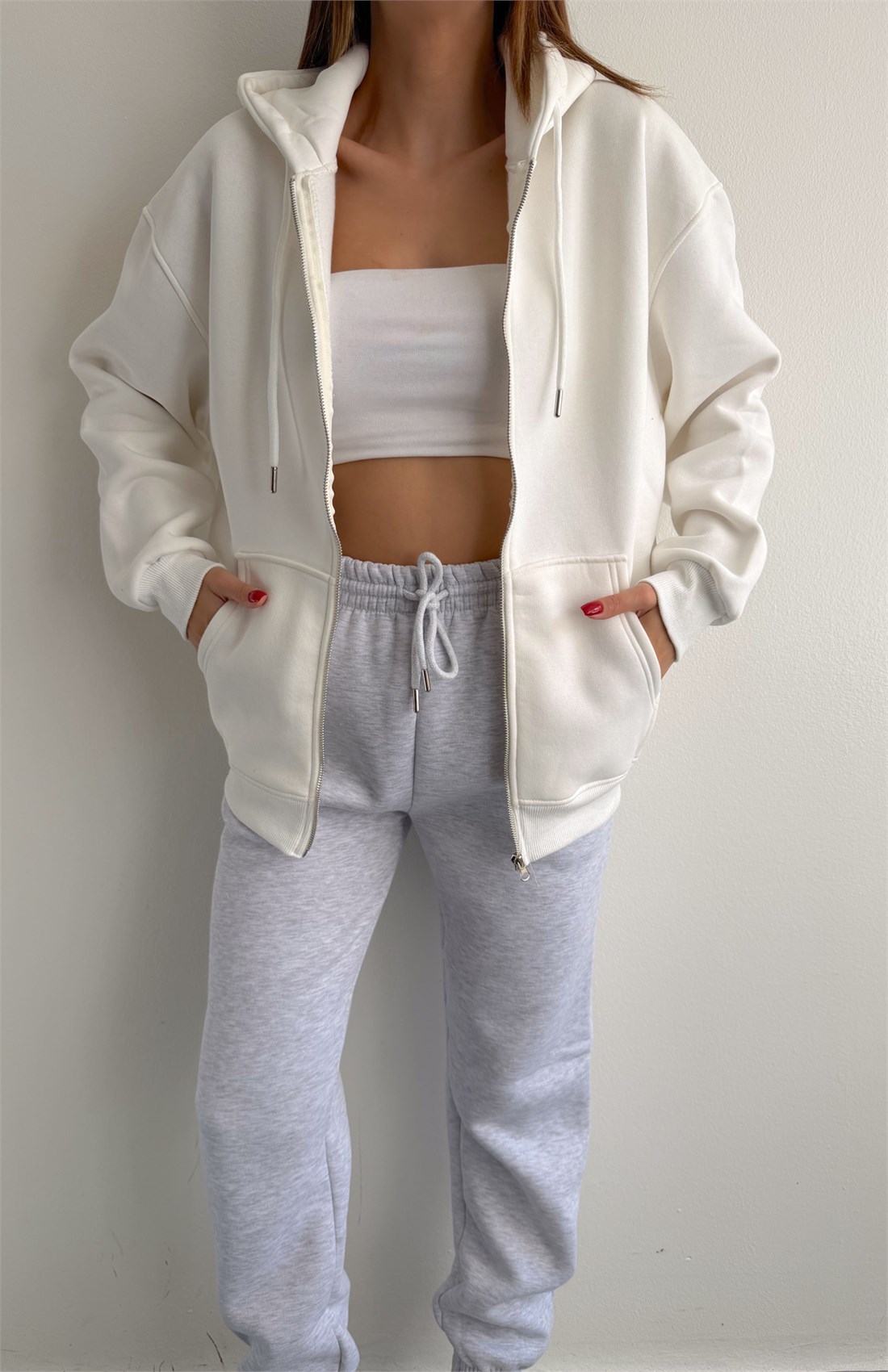 Üç İplik Fermuarlı Sweatshırt EKRU