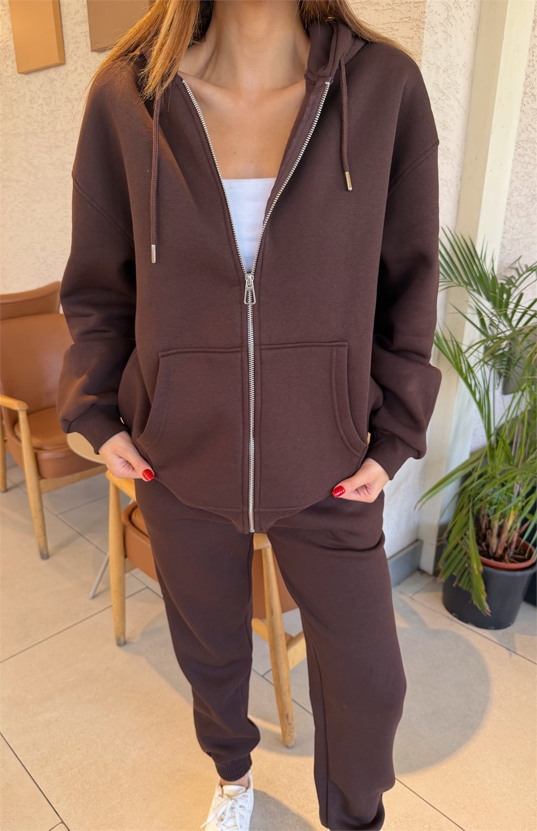 Üç İplik Fermuarlı Sweatshırt KAHVERENGİ