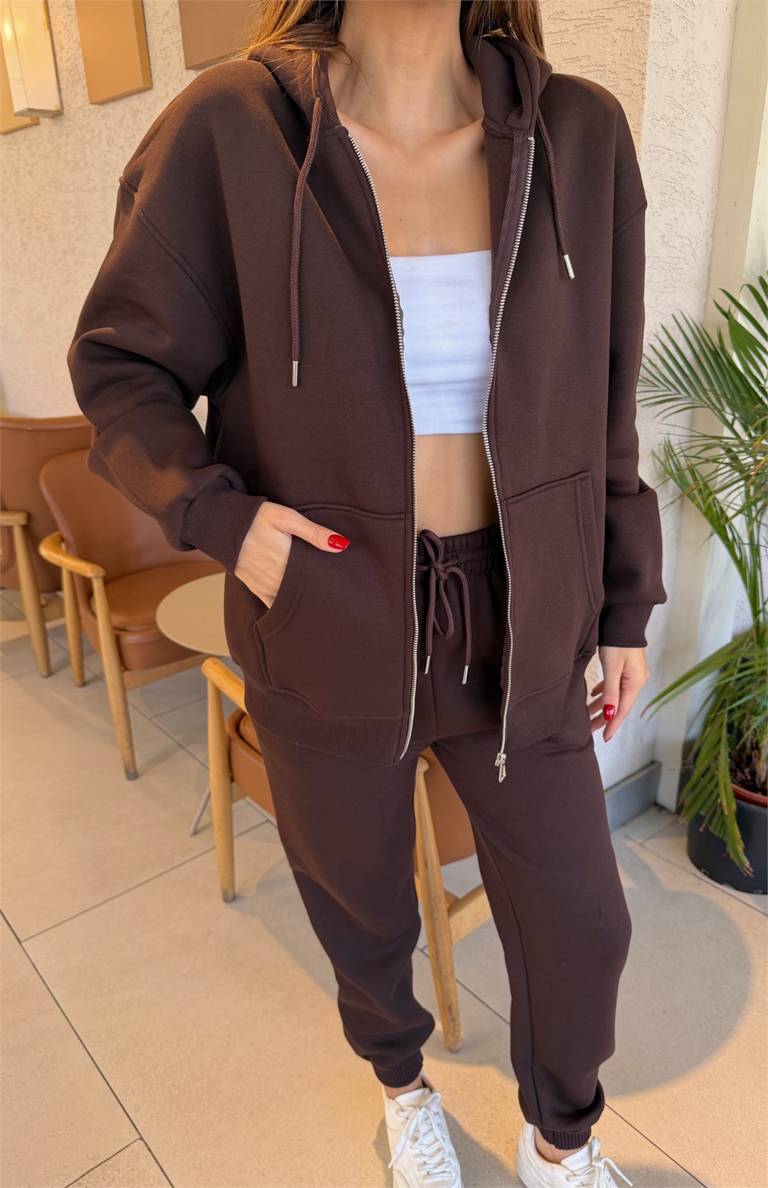 Üç İplik Fermuarlı Sweatshırt KAHVERENGİ