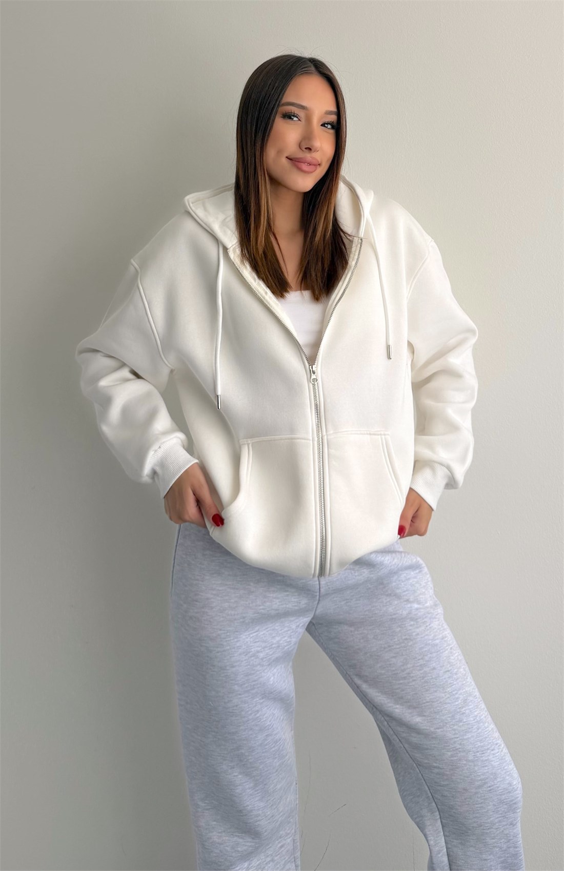 Üç İplik Fermuarlı Sweatshırt EKRU