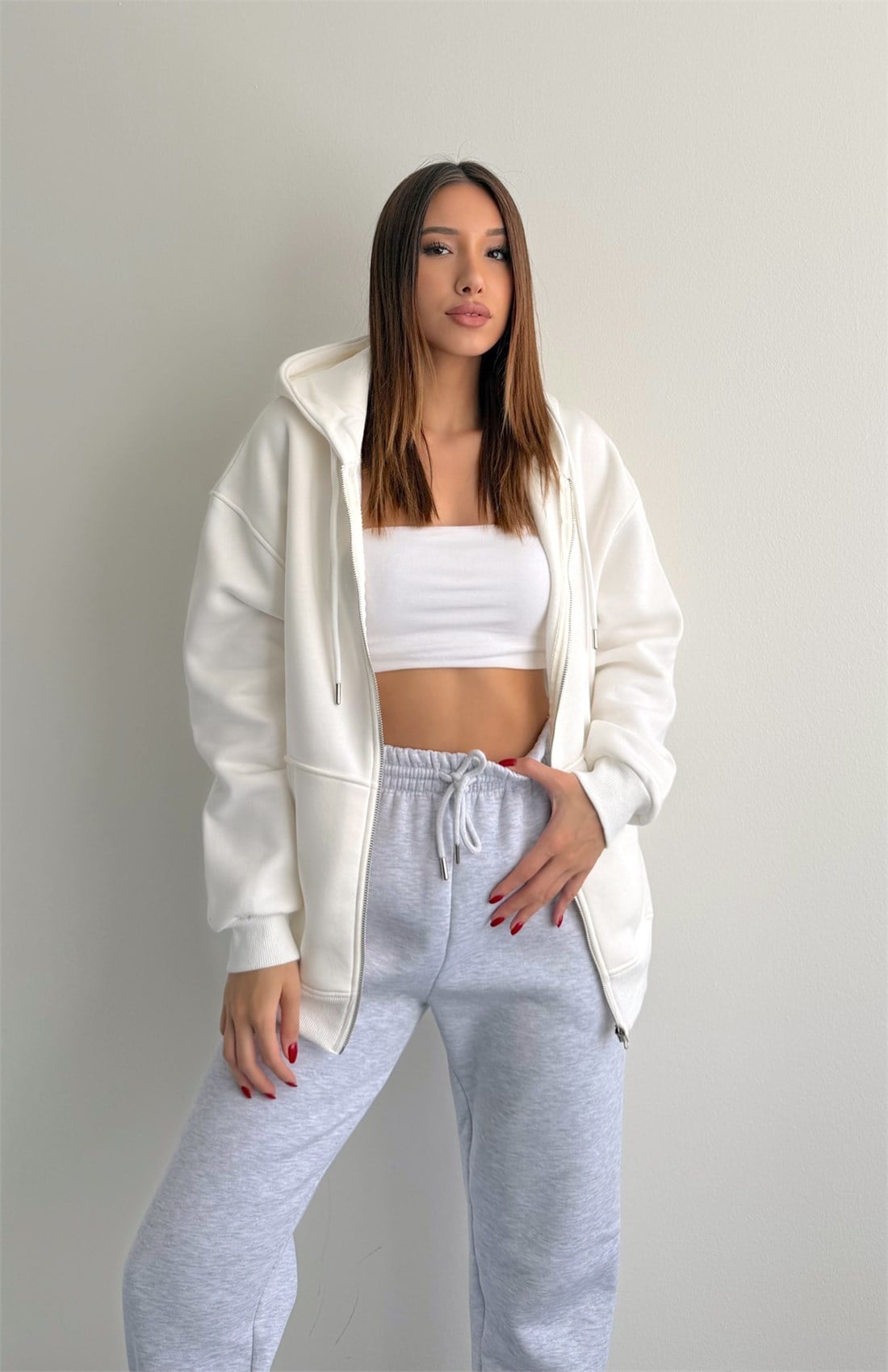 Üç İplik Fermuarlı Sweatshırt EKRU