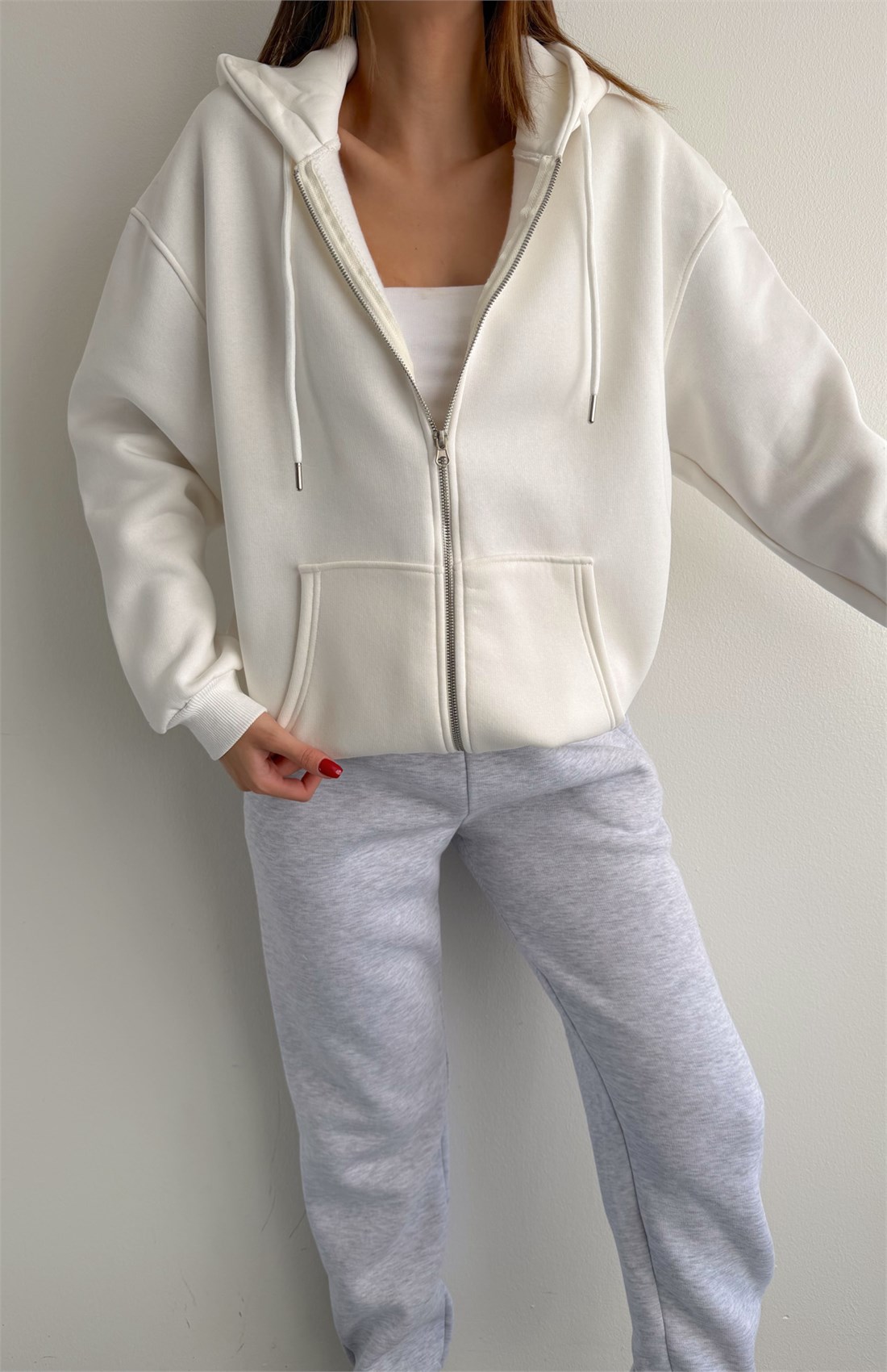 Üç İplik Fermuarlı Sweatshırt EKRU