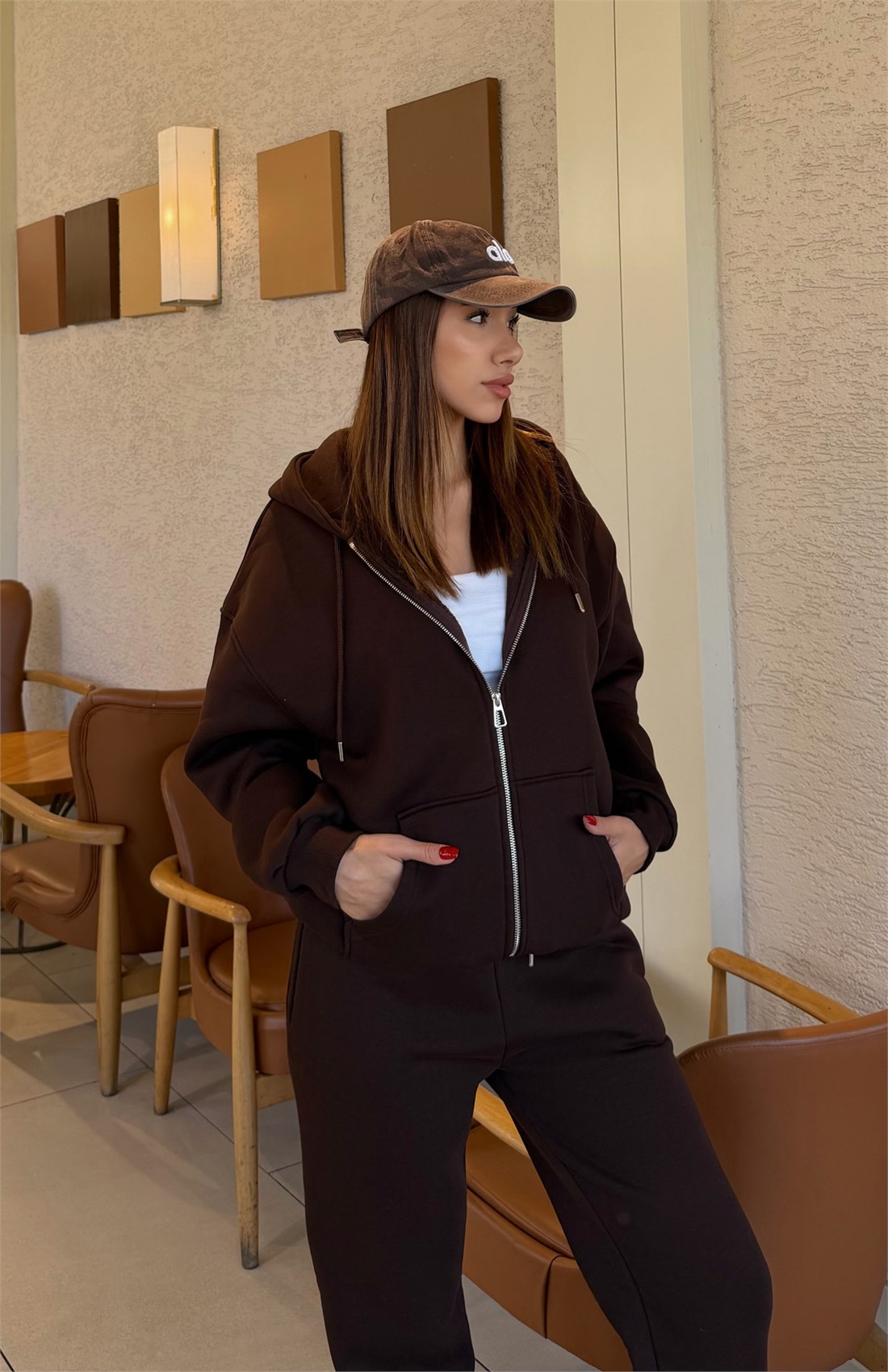 Üç İplik Fermuarlı Sweatshırt KAHVERENGİ