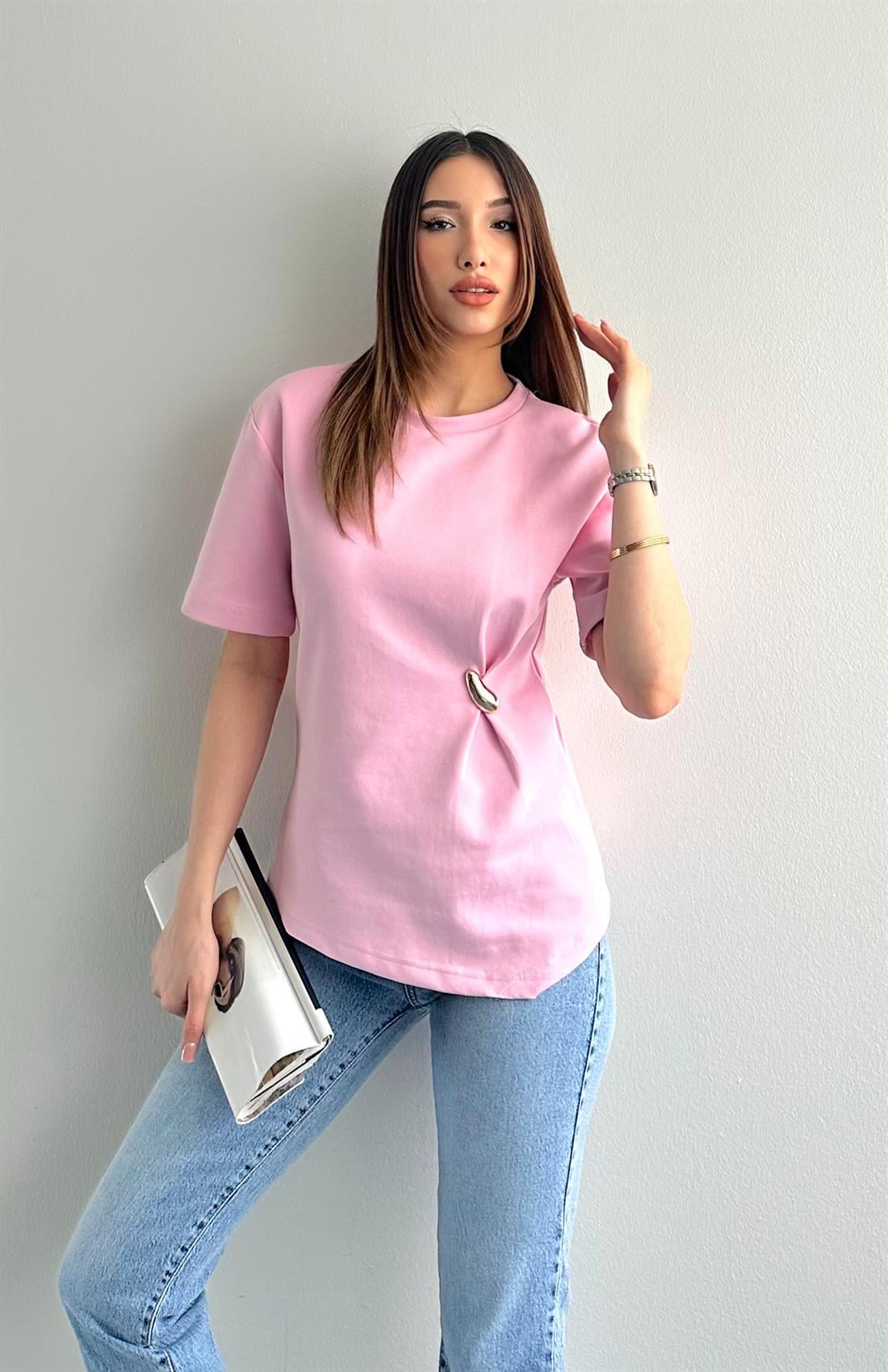 Aksesuar Detaylı Kısa Kol Tshırt PEMBE