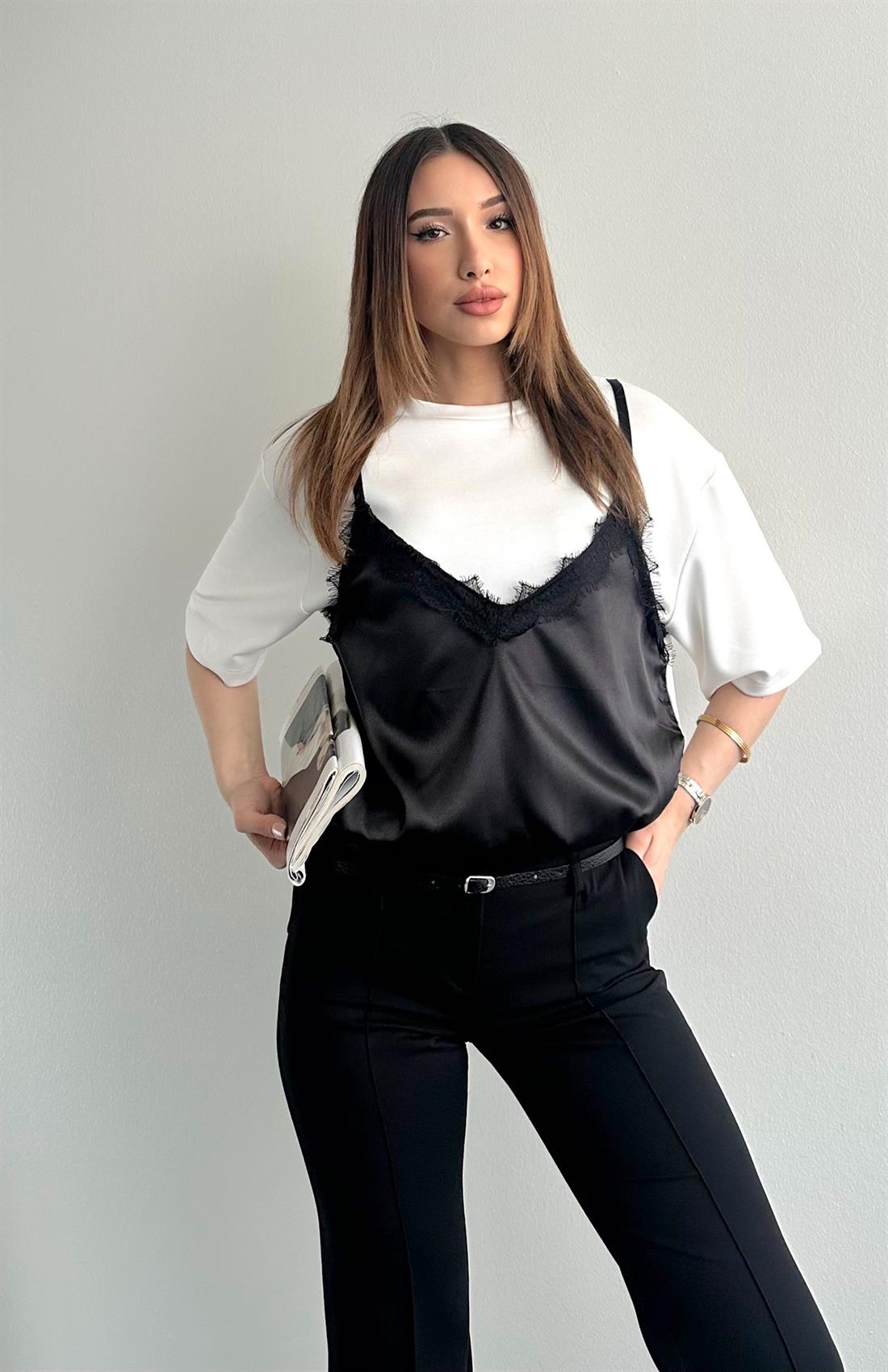 Askılı Saten Dantel Tshırt EKRU