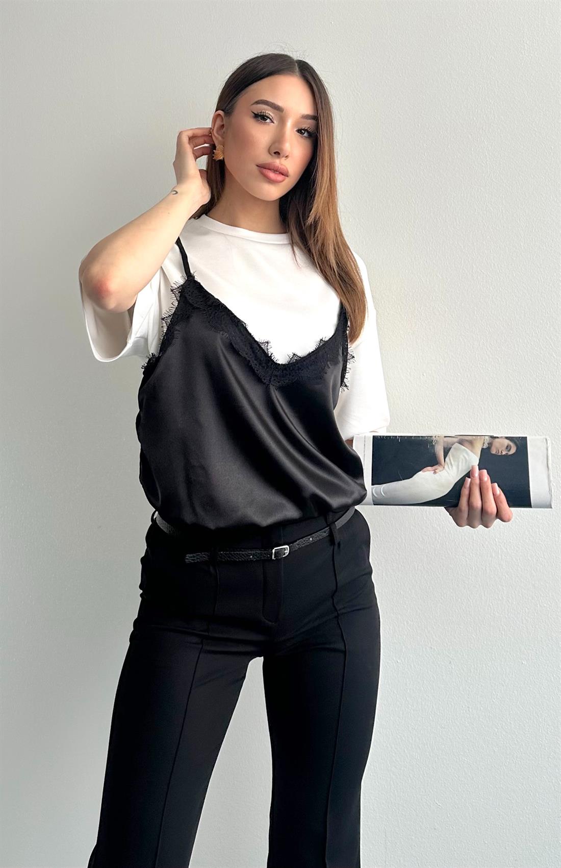 Askılı Saten Dantel Tshırt EKRU