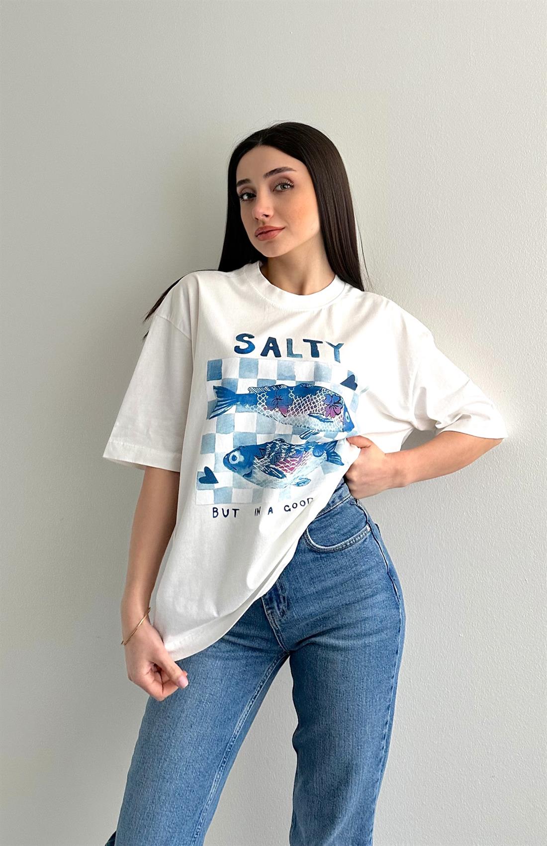 Balık Baskılı Tshırt KREM