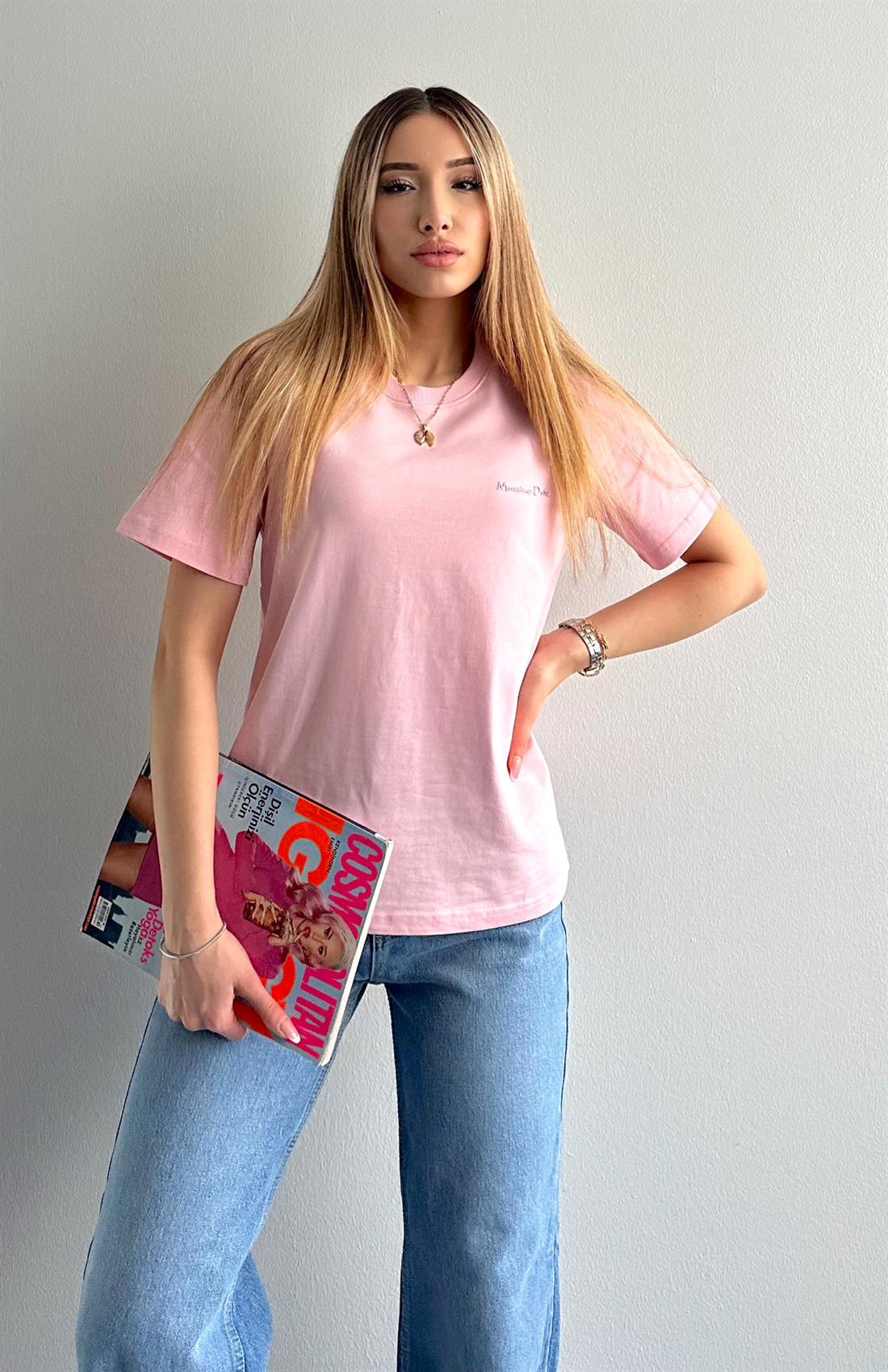 Bisiklet Yaka Tshırt PEMBE