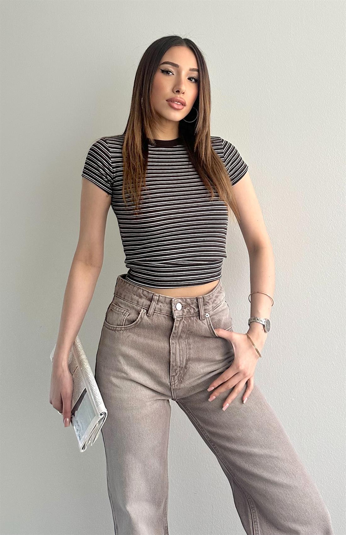 Çizgili Crop Tshırt KAHVERENGİ
