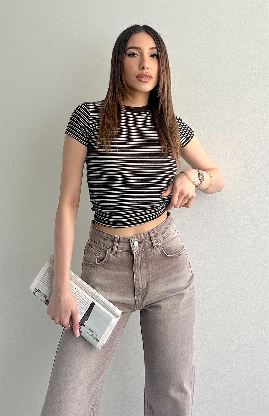 Çizgili Crop Tshırt KAHVERENGİ