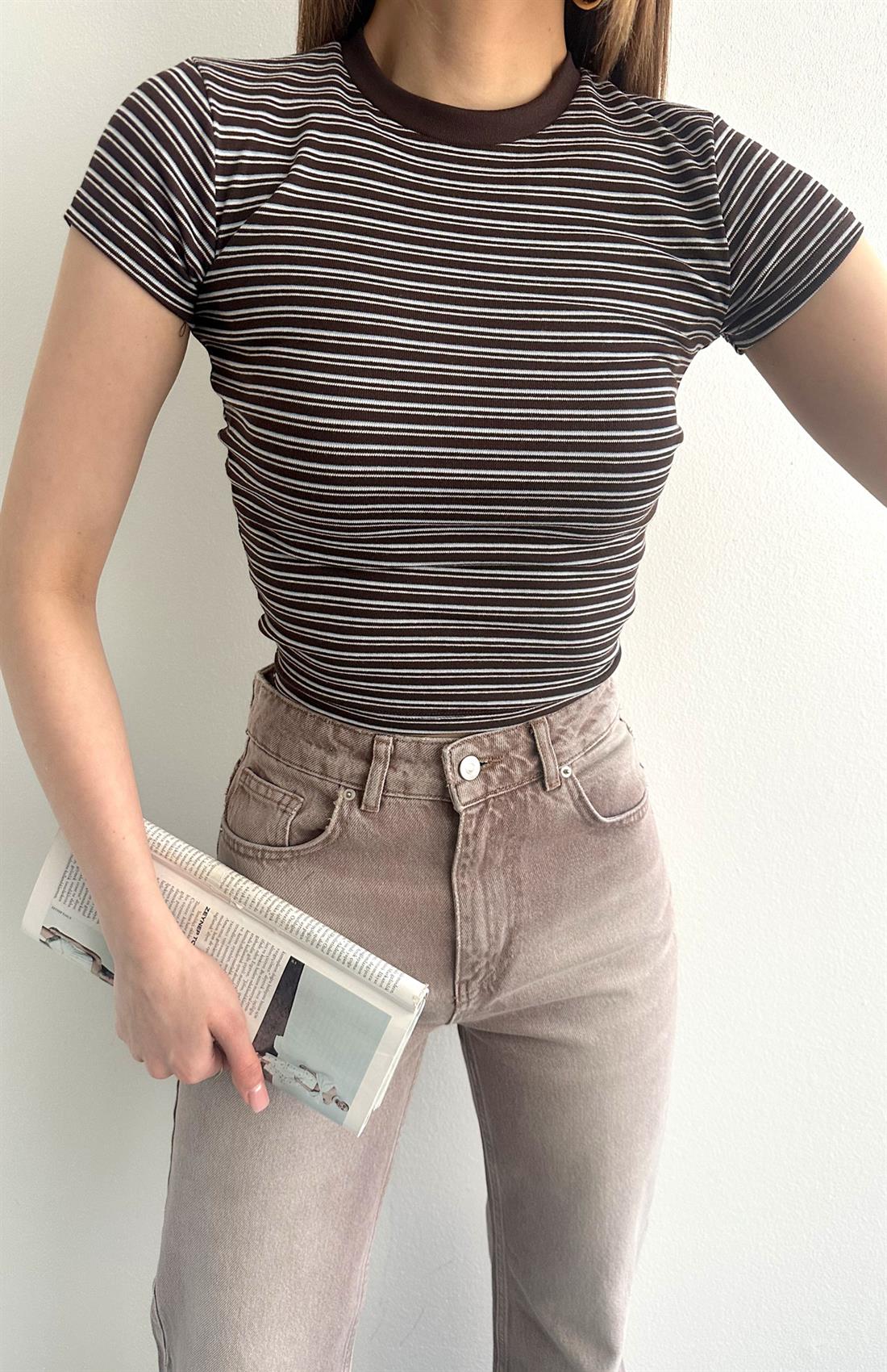 Çizgili Crop Tshırt KAHVERENGİ