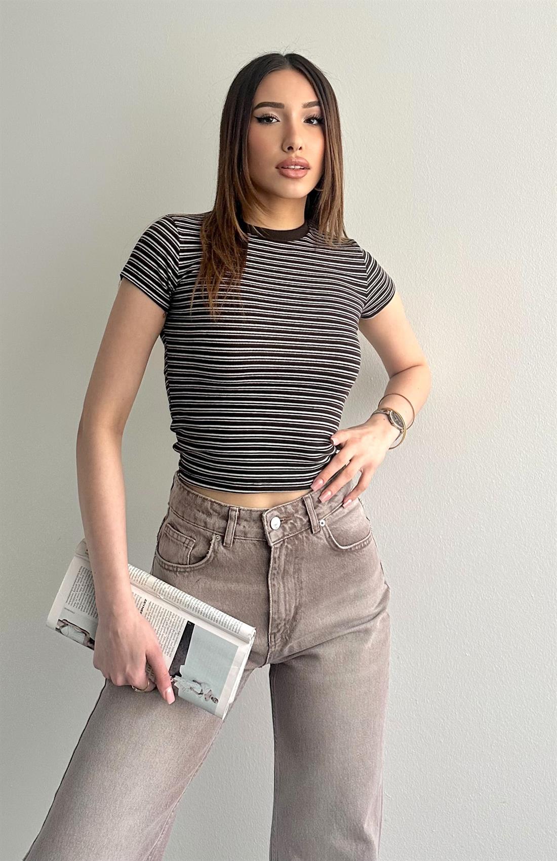 Çizgili Crop Tshırt KAHVERENGİ