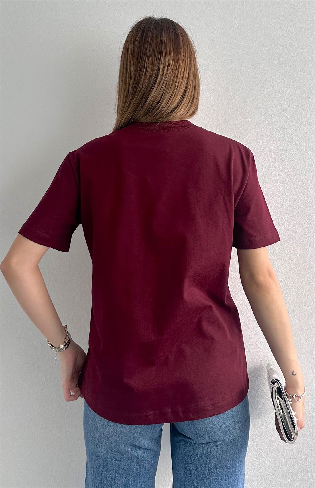 Dekoratif Dikişli Bisiklet Yaka Tshırt BORDO