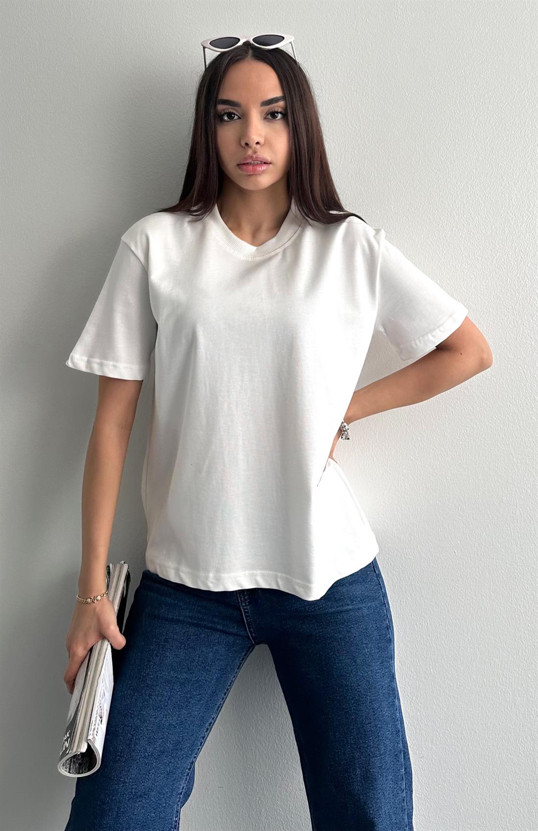 Dekoratif Dikişli Bisiklet Yaka Tshırt EKRU