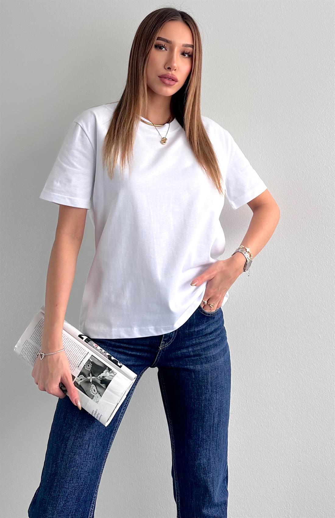 Dekoratif Dikişli Bisiklet Yaka Tshırt BEYAZ