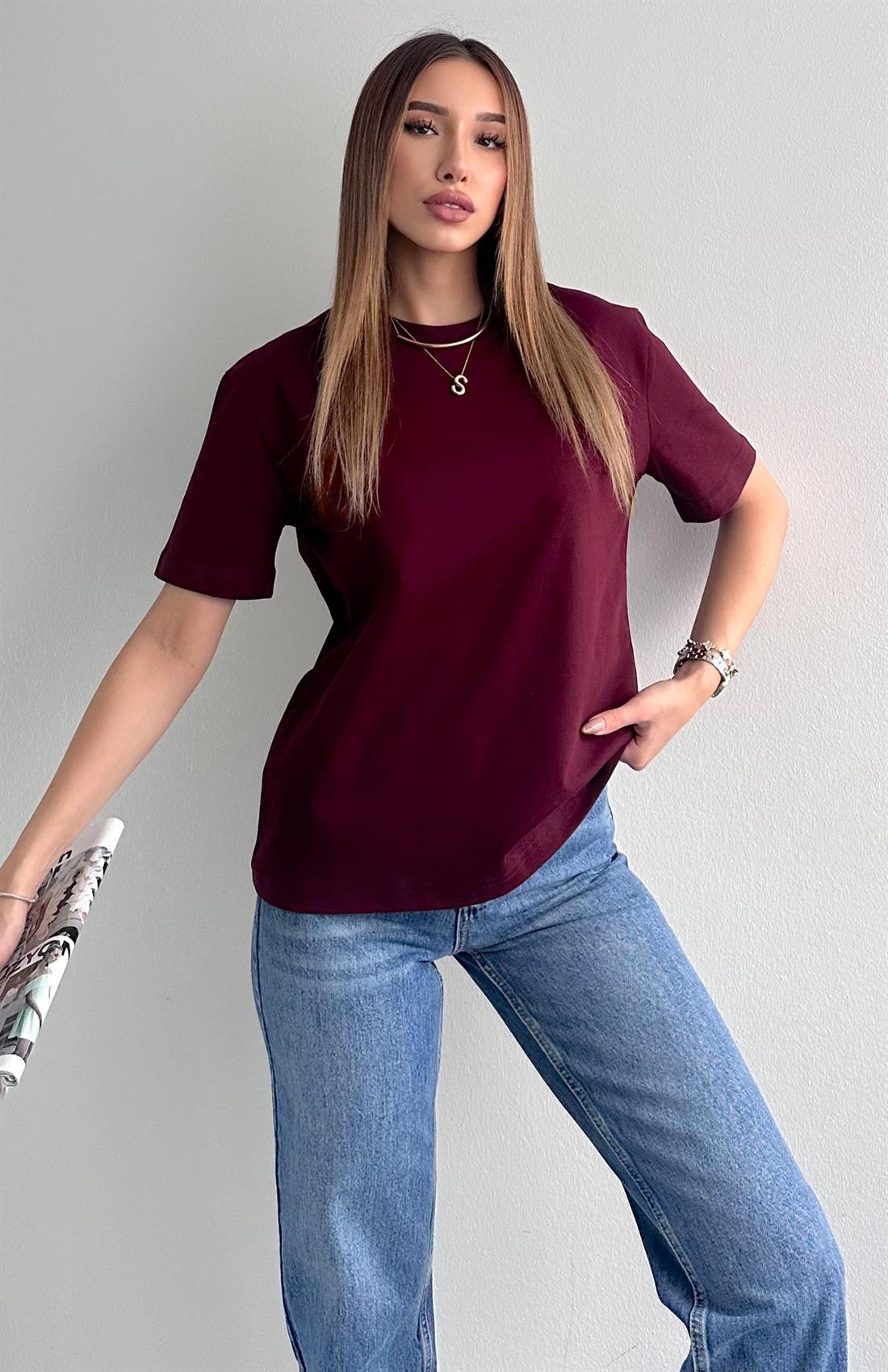 Dekoratif Dikişli Bisiklet Yaka Tshırt BORDO