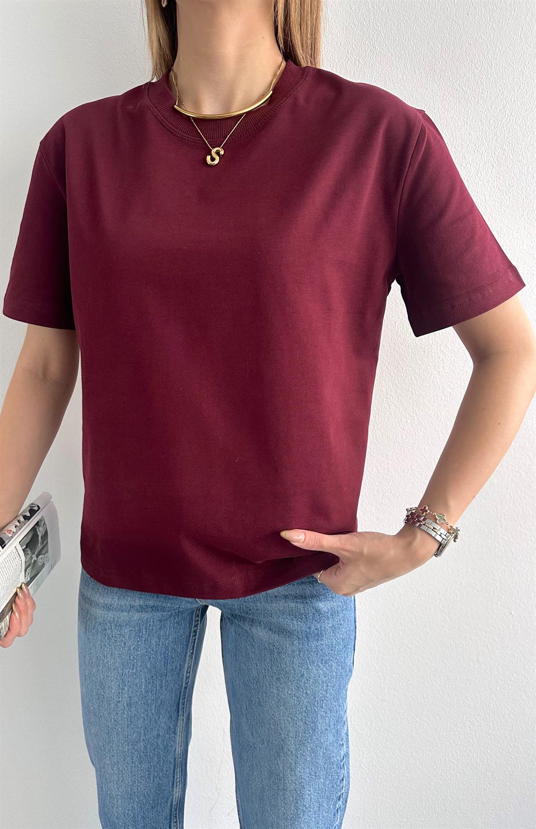 Dekoratif Dikişli Bisiklet Yaka Tshırt BORDO