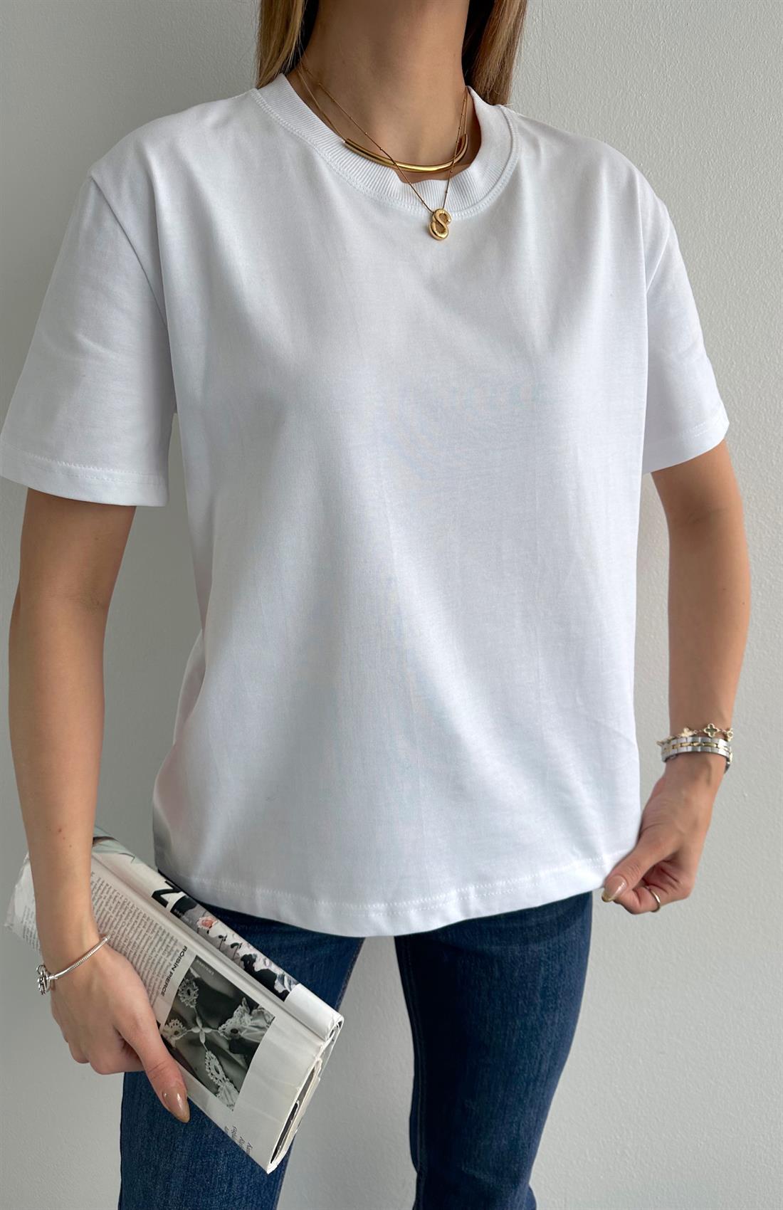 Dekoratif Dikişli Bisiklet Yaka Tshırt BEYAZ