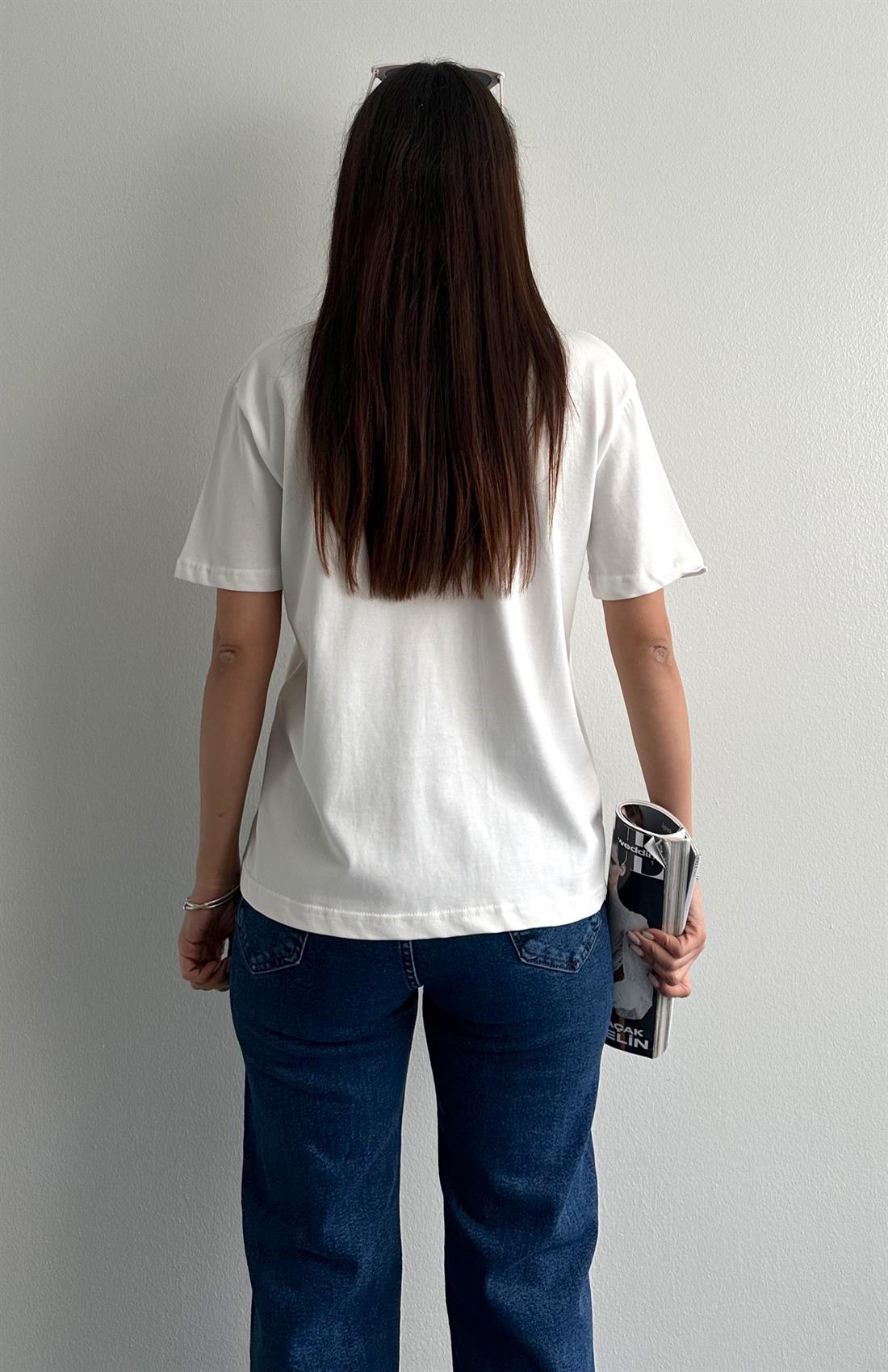 Dekoratif Dikişli Bisiklet Yaka Tshırt EKRU