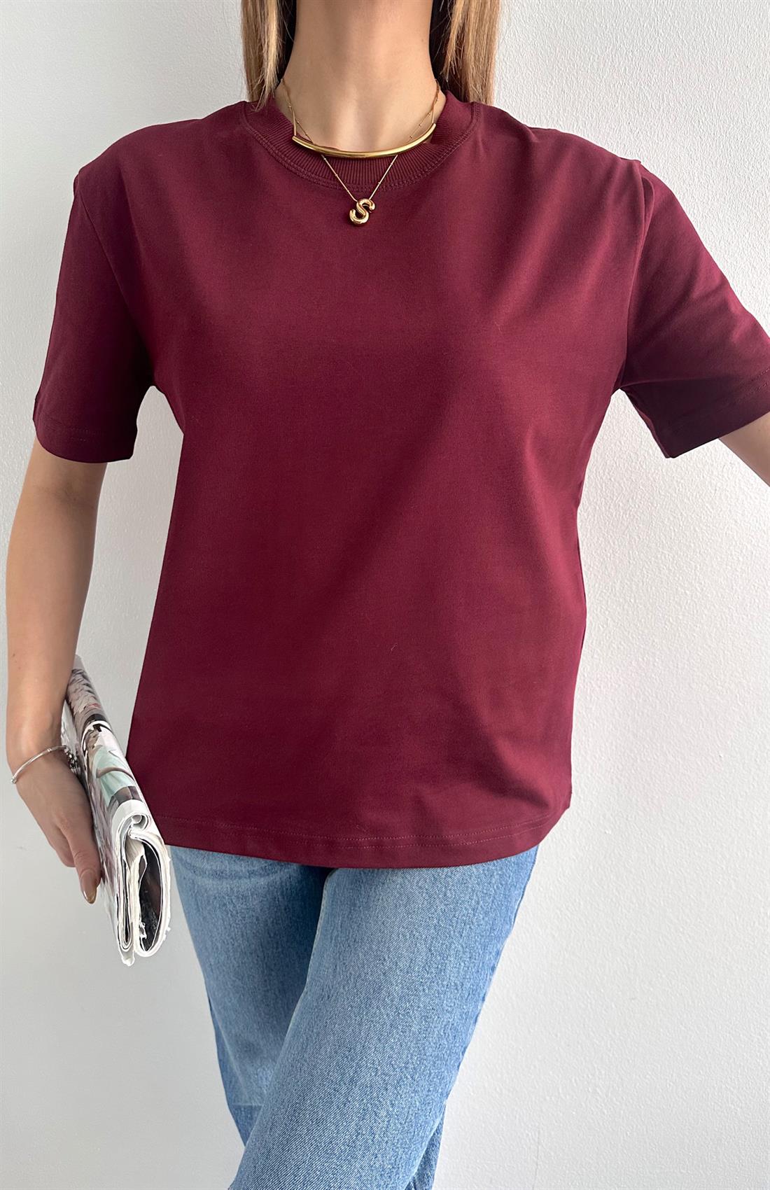 Dekoratif Dikişli Bisiklet Yaka Tshırt BORDO