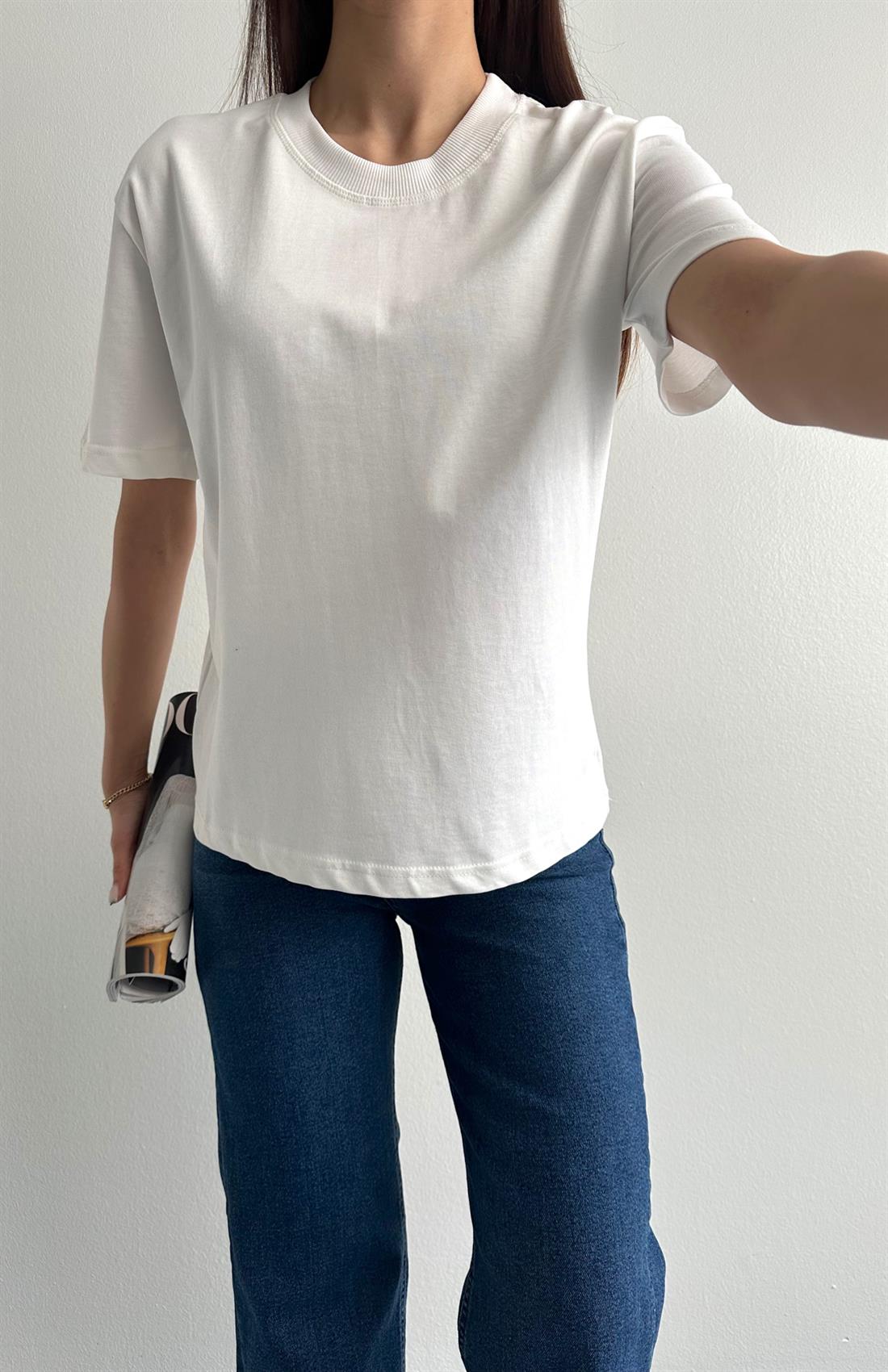 Dekoratif Dikişli Bisiklet Yaka Tshırt EKRU