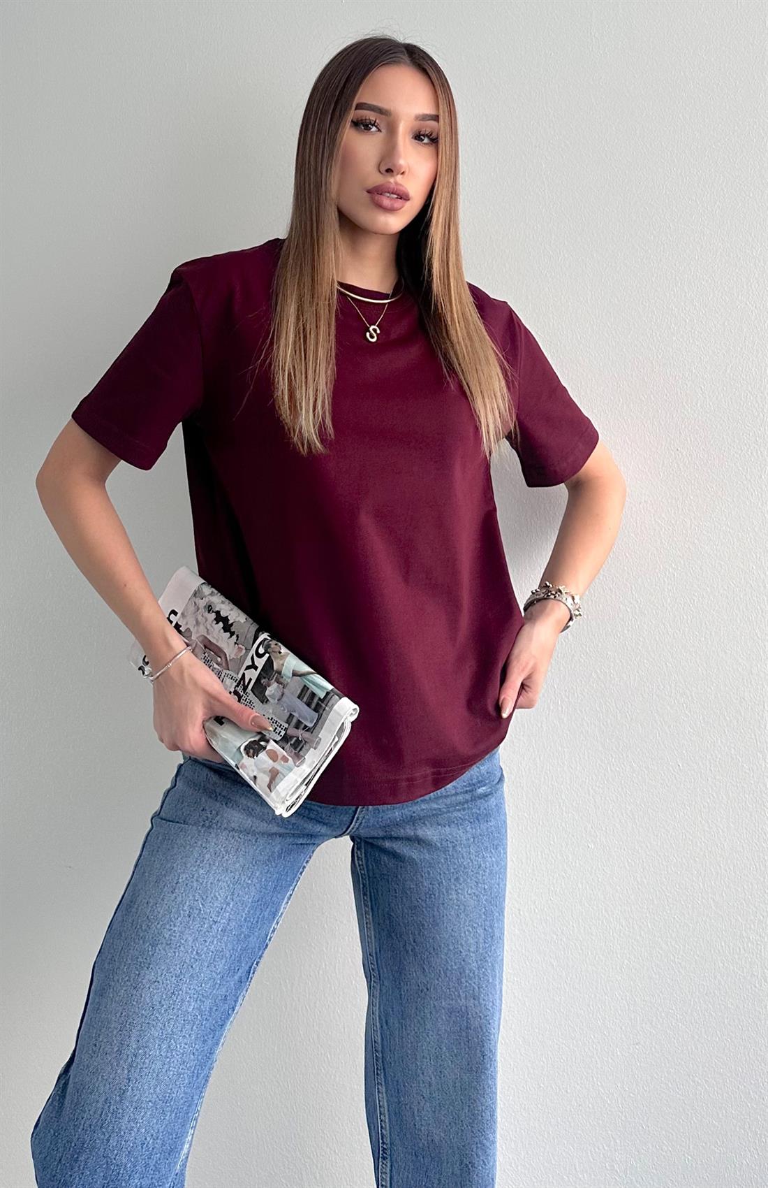 Dekoratif Dikişli Bisiklet Yaka Tshırt BORDO