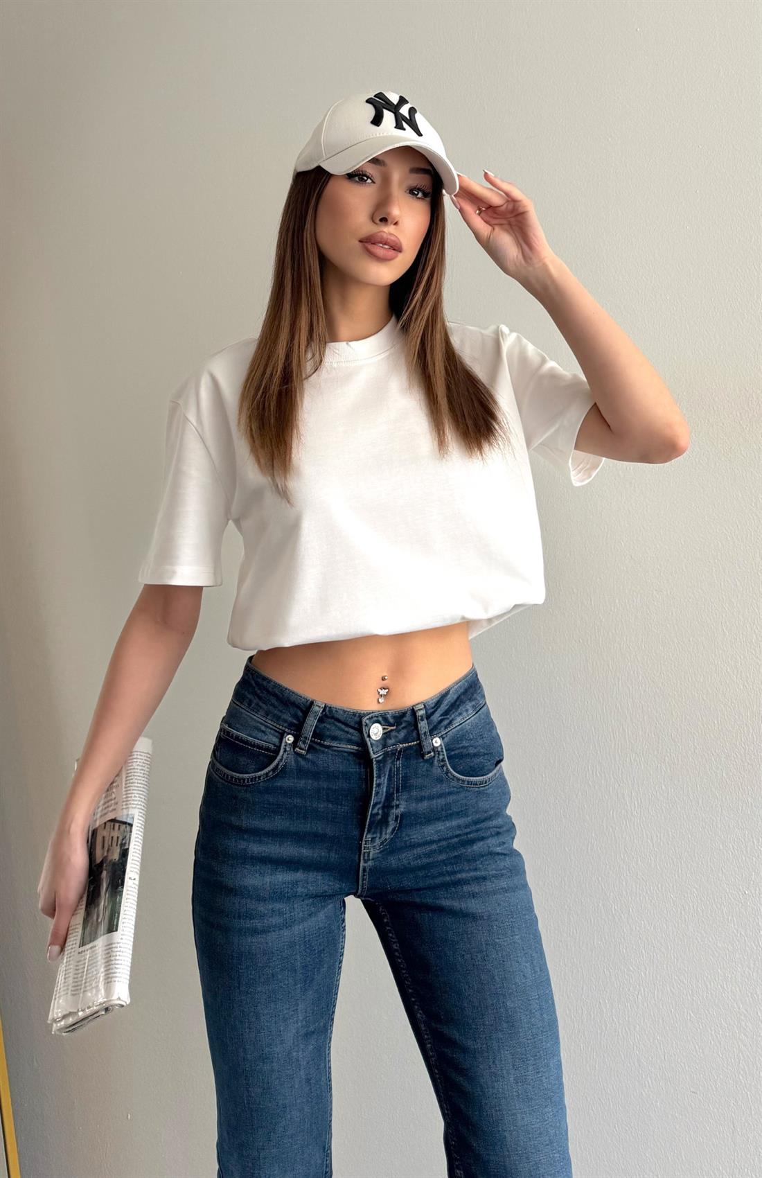 Dekoratif Dikişli Bisiklet Yaka Tshırt EKRU