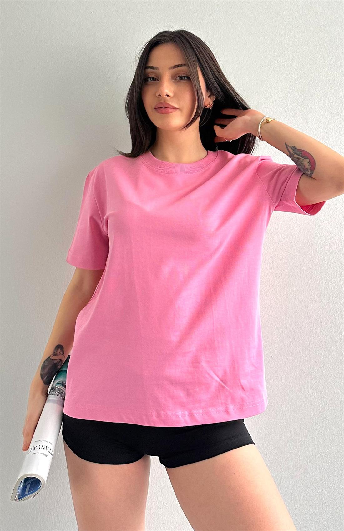 Dekoratif Dikişli Bisiklet Yaka Tshırt PEMBE