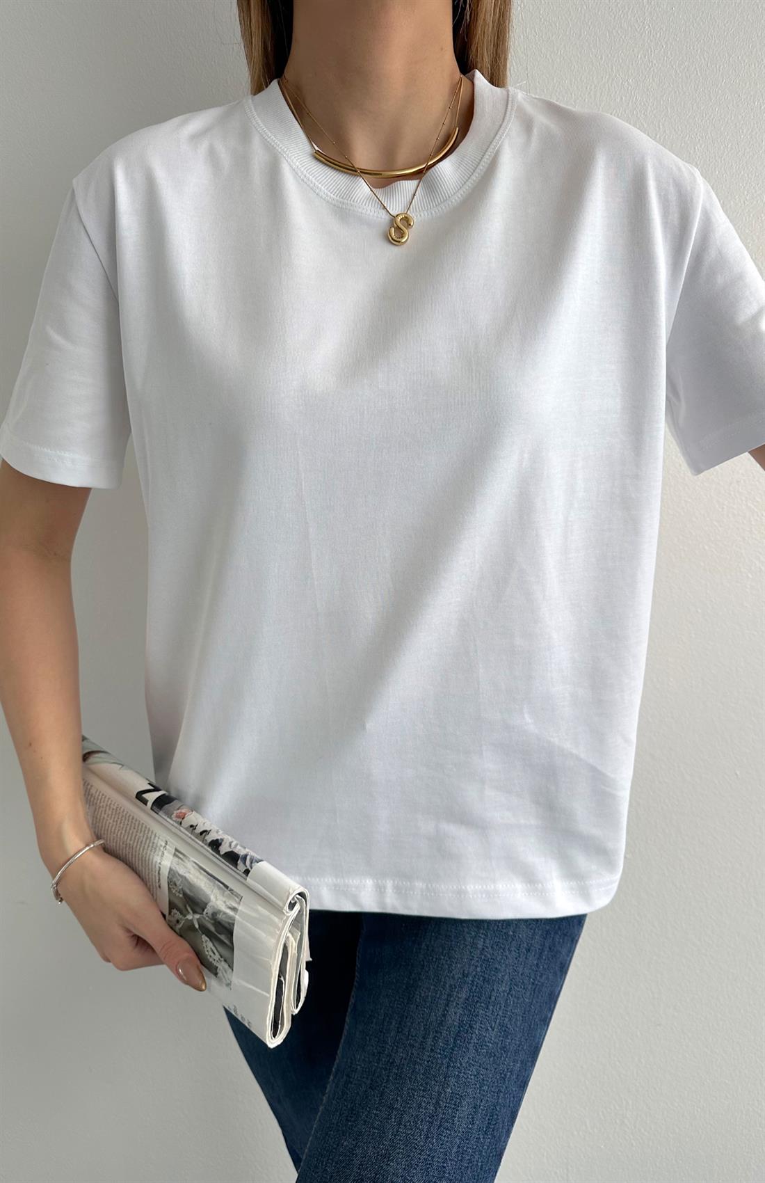 Dekoratif Dikişli Bisiklet Yaka Tshırt BEYAZ