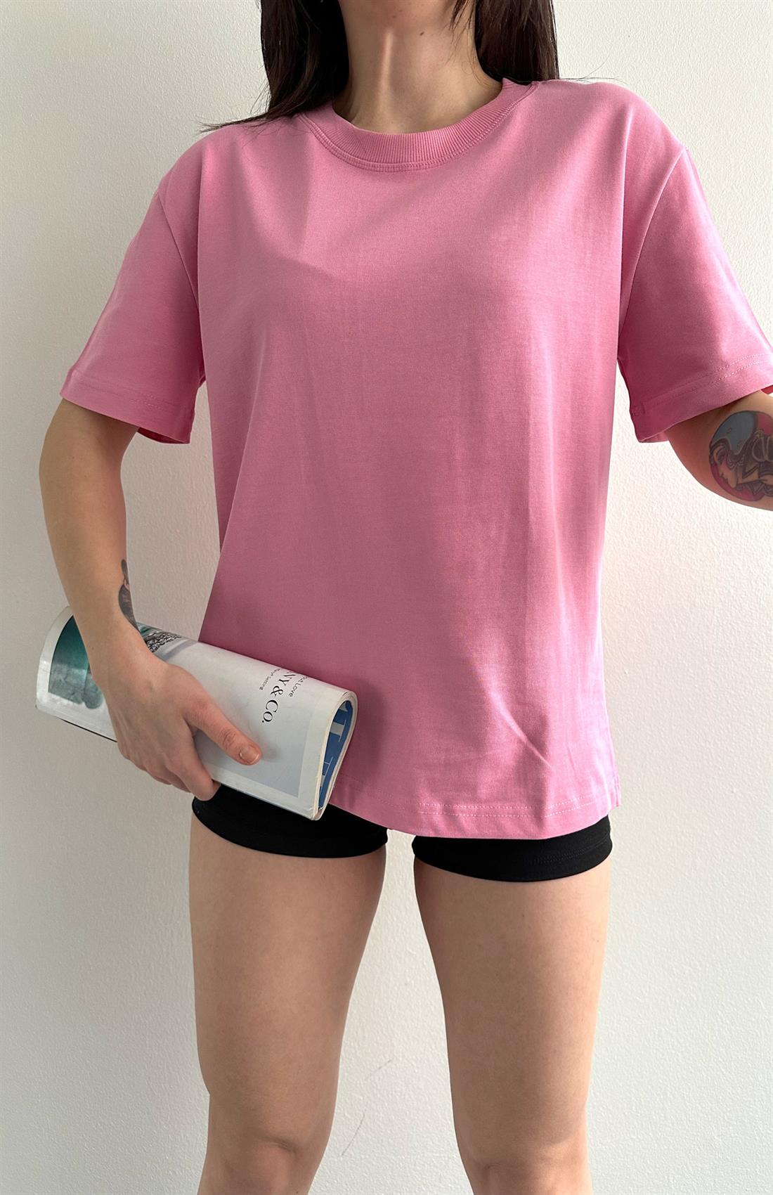 Dekoratif Dikişli Bisiklet Yaka Tshırt PEMBE