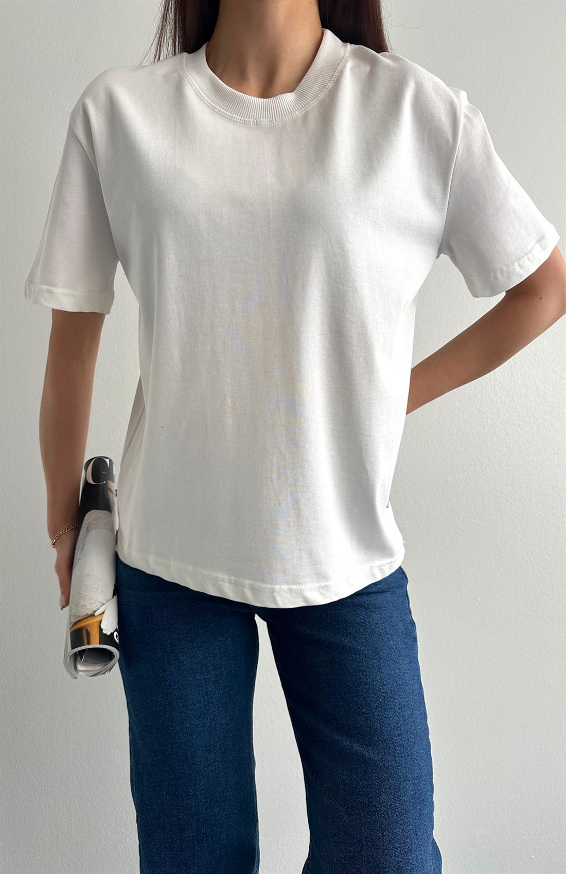 Dekoratif Dikişli Bisiklet Yaka Tshırt EKRU