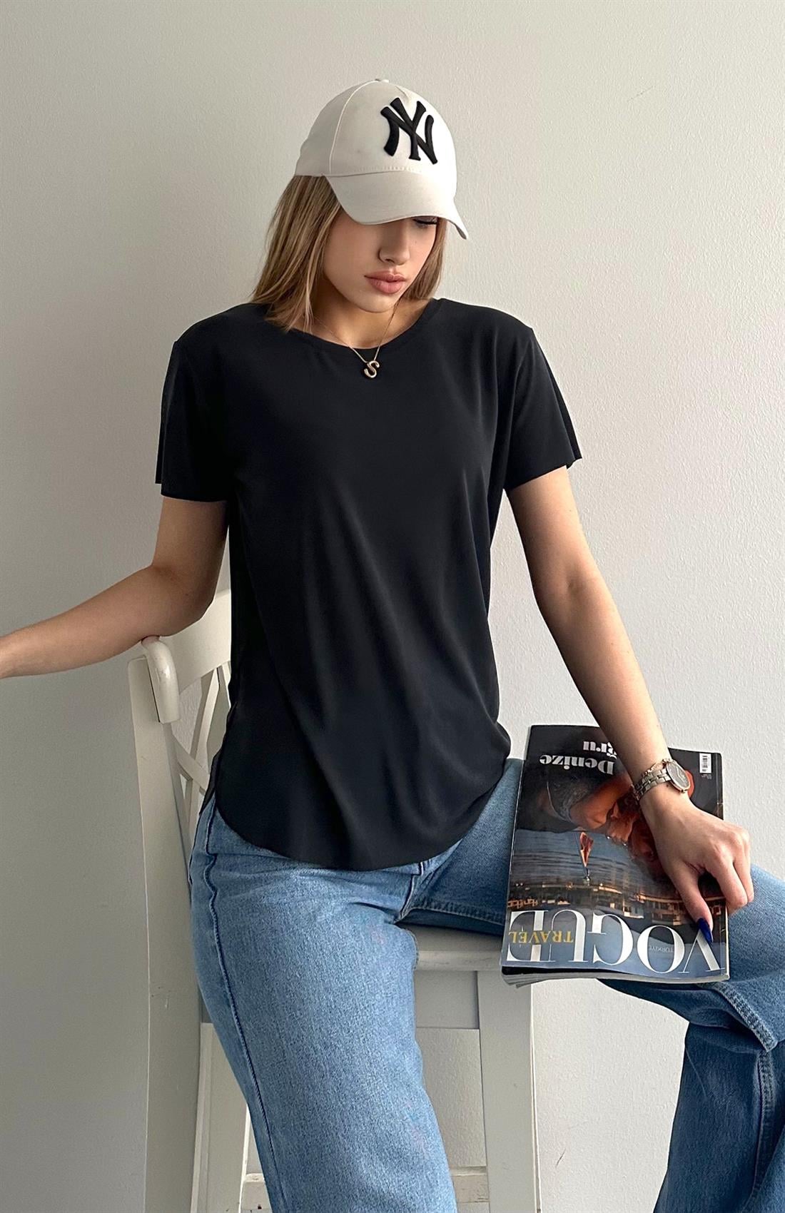 Eteği Oval Bisiklet Yaka Modal Tshırt SİYAH