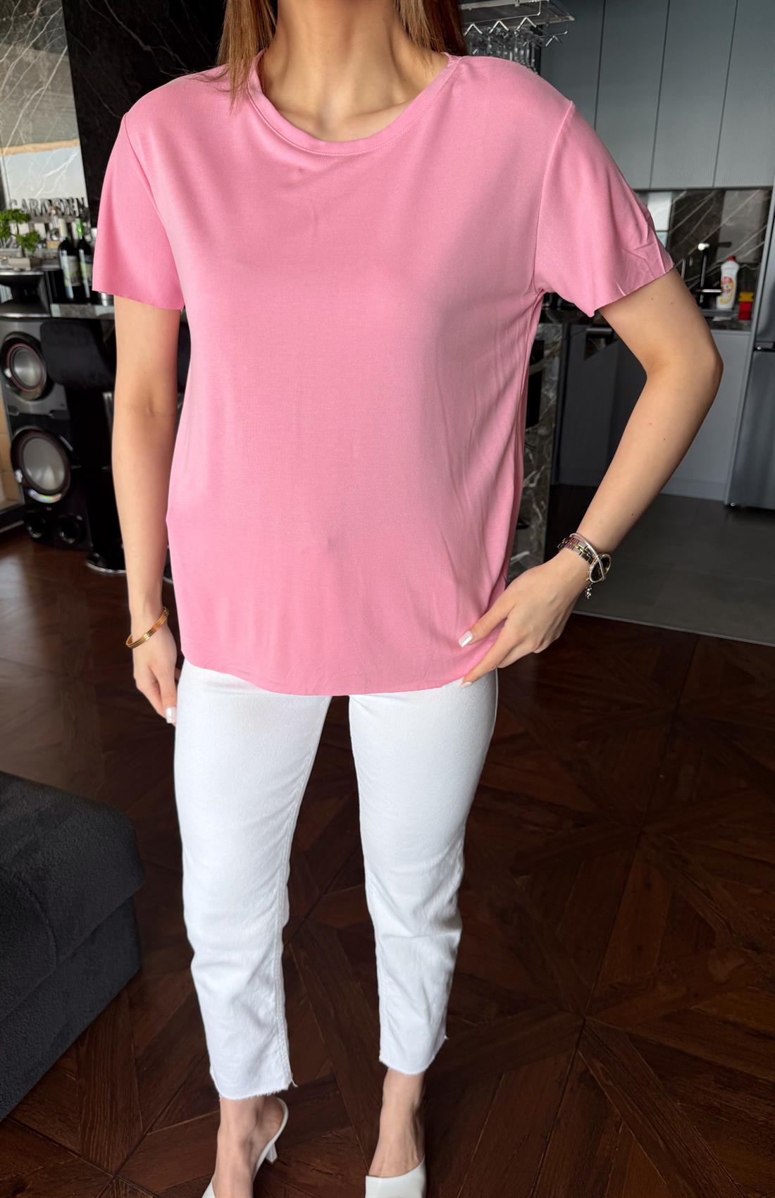 Eteği Oval Dikişsiz Modal Tshırt PEMBE