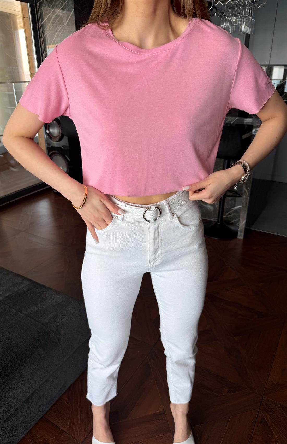 Eteği Oval Dikişsiz Modal Tshırt PEMBE