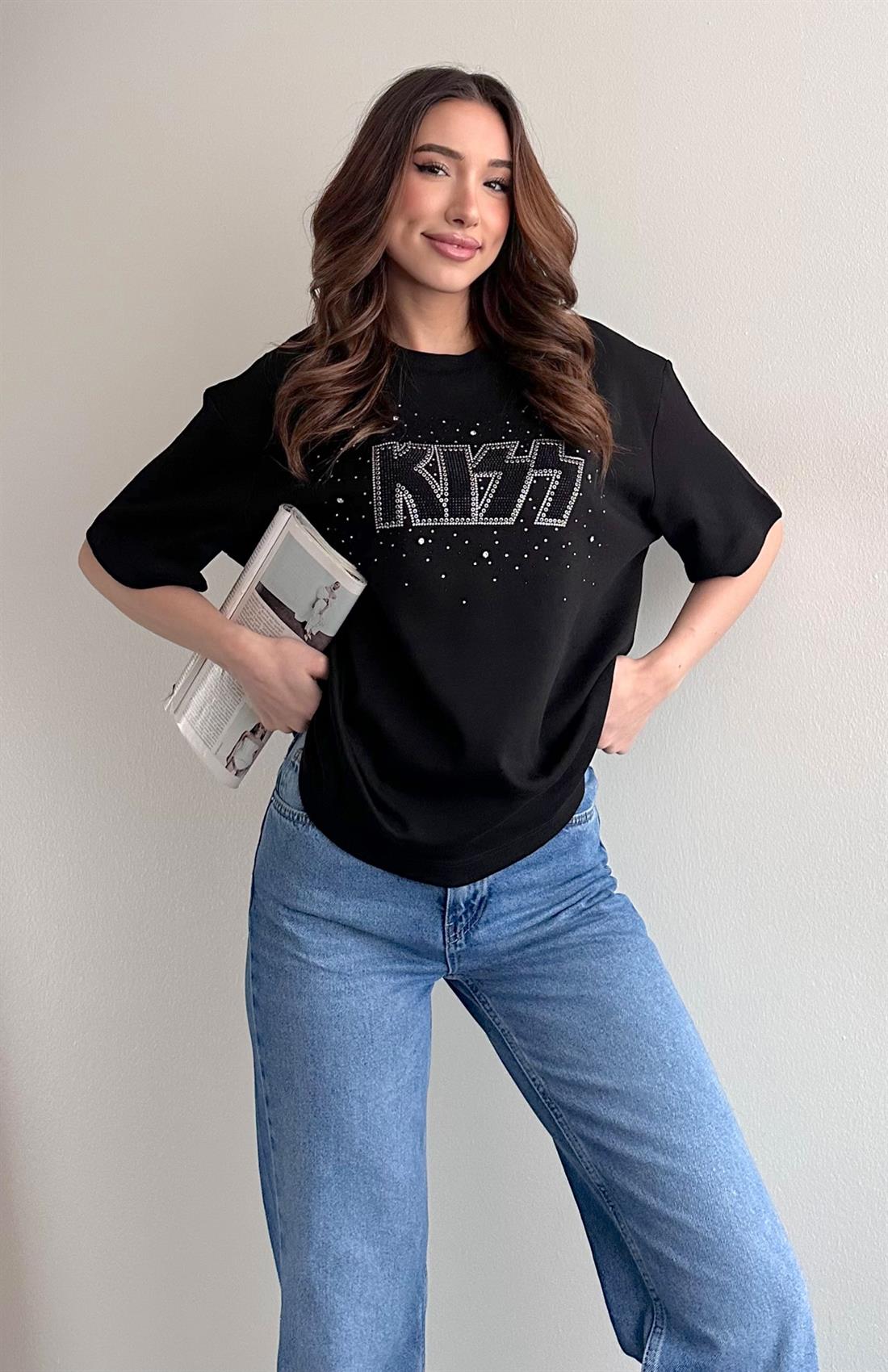 Kıss Taşlı Tshırt SİYAH