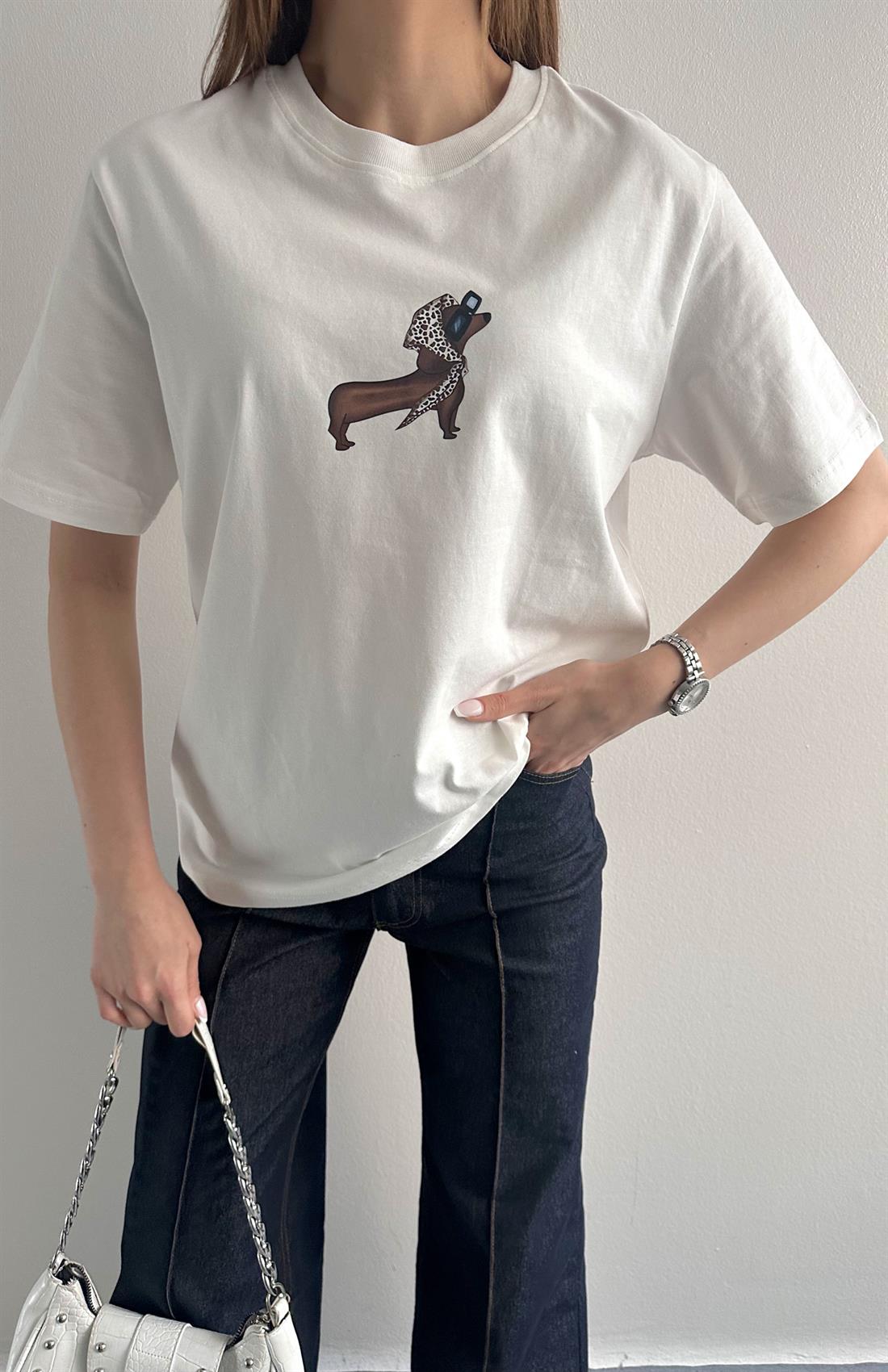 Köpek Baskılı Tshırt EKRU