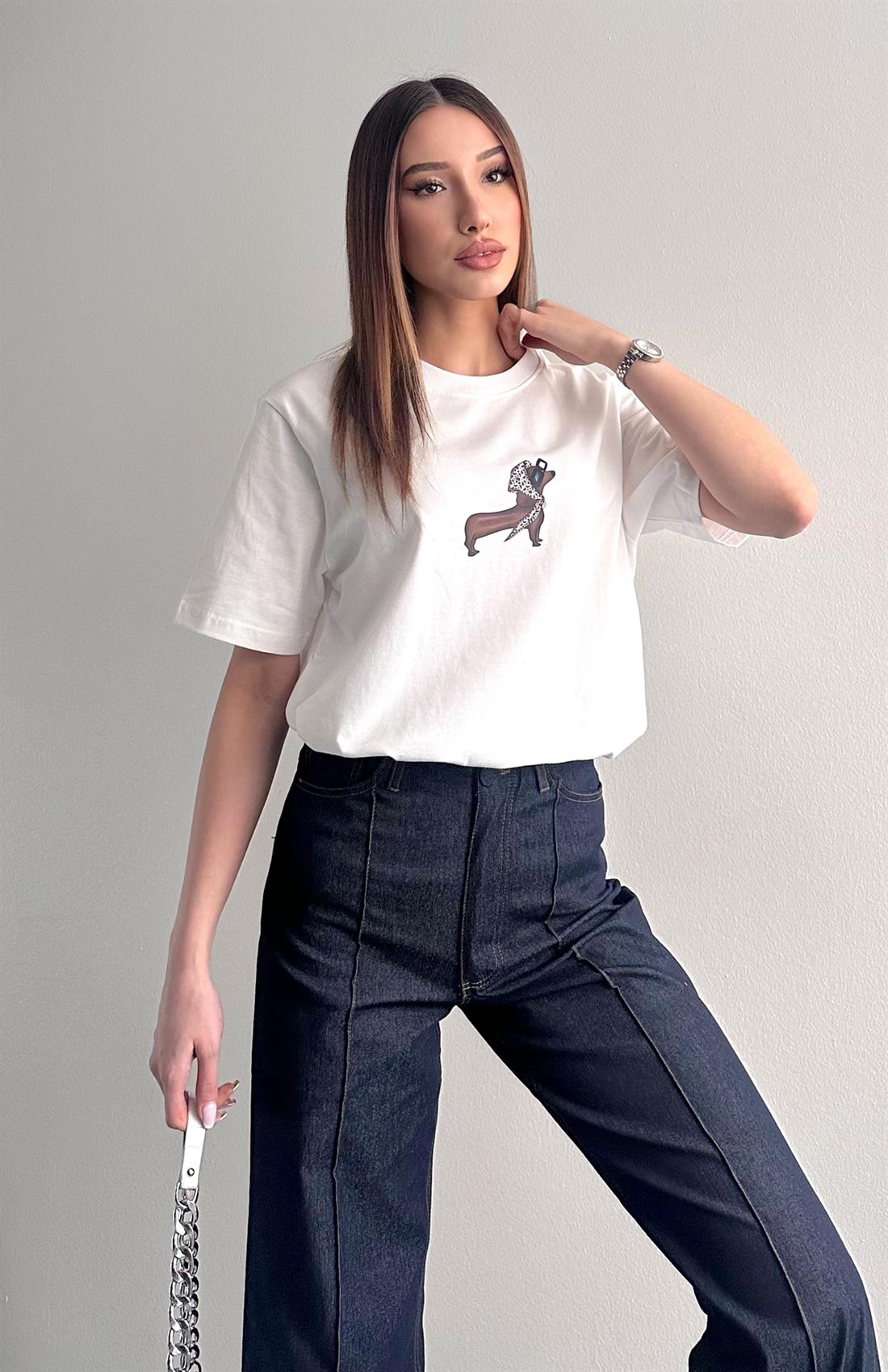 Köpek Baskılı Tshırt EKRU