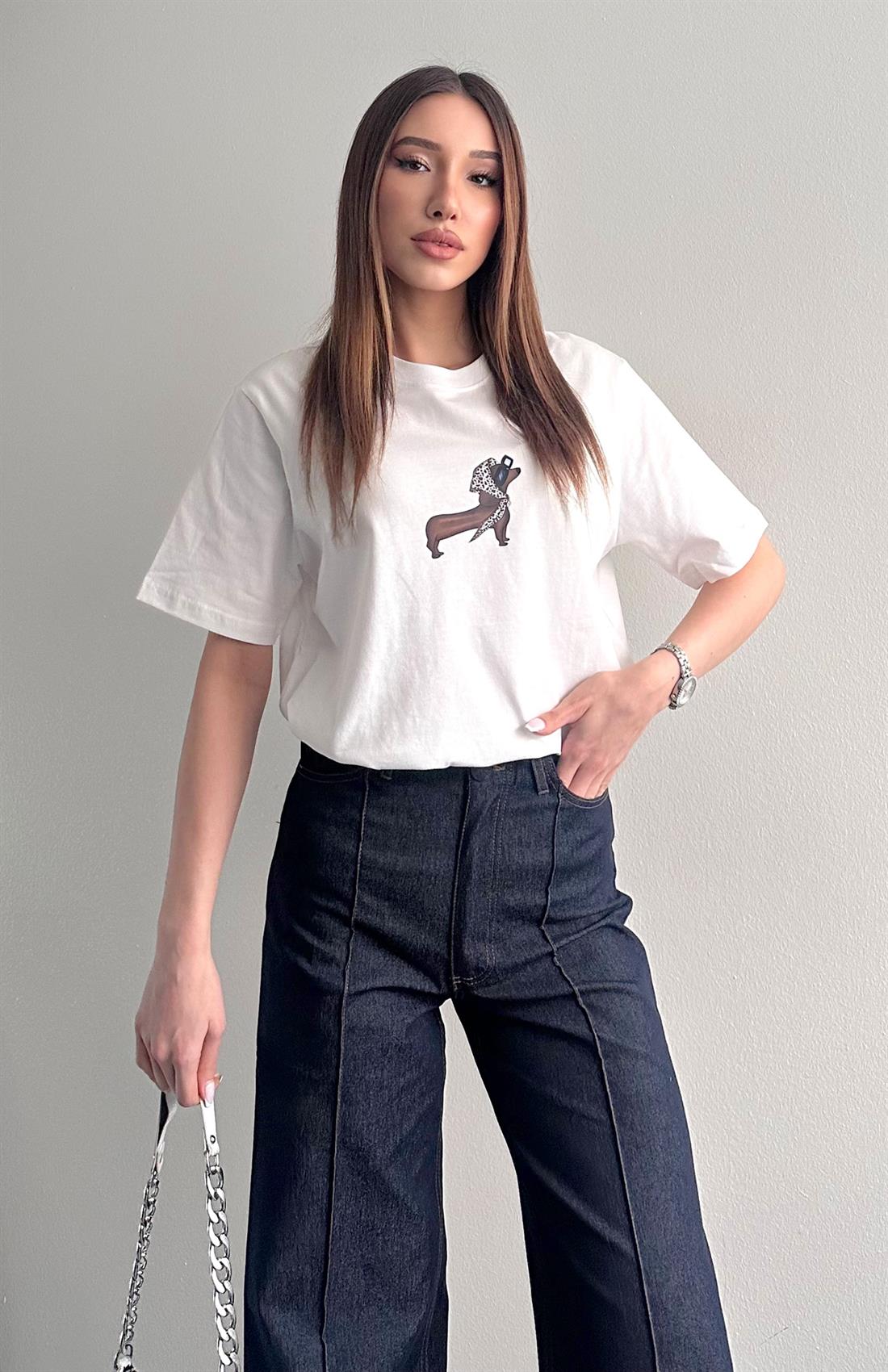 Köpek Baskılı Tshırt EKRU